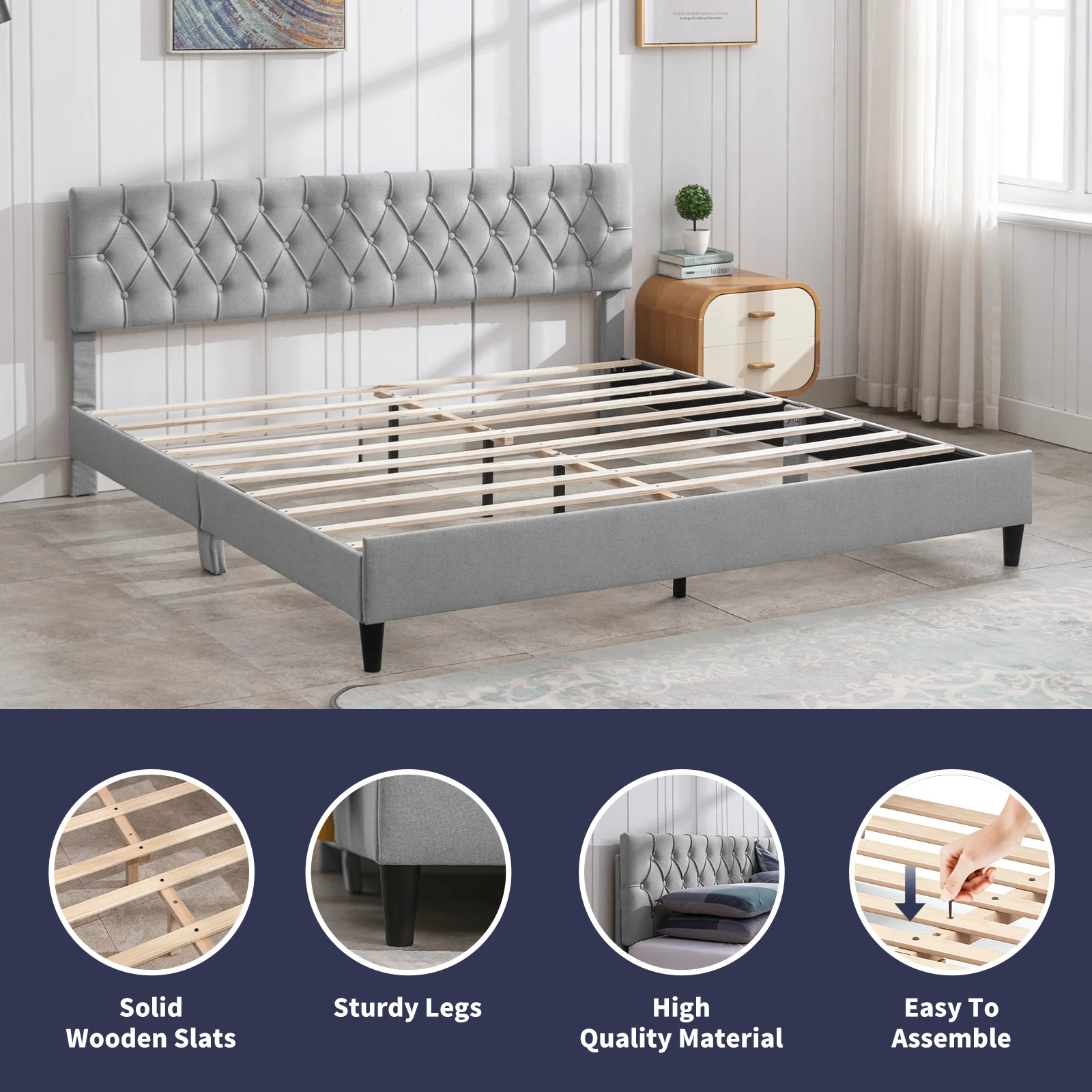 ZAFLY Upholstered Wood Bed Frame, Modern Platform Bed Frame with Adjustable Headboard, No Box Spring Needed Bed Frame with Wood Slat Support, Easy Assembly,  Grey/Queen