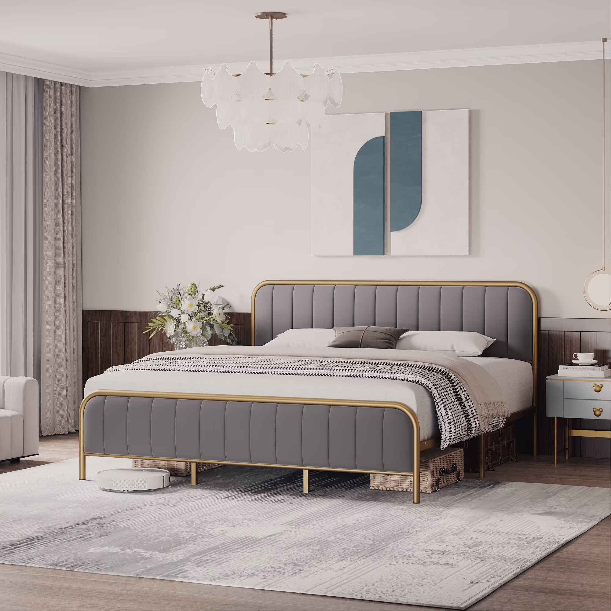 WhizMax Velvet King Size Platform Bed Frame with Button Tufted Design and Metal Legs - Sturdy and Comfortable in Gray