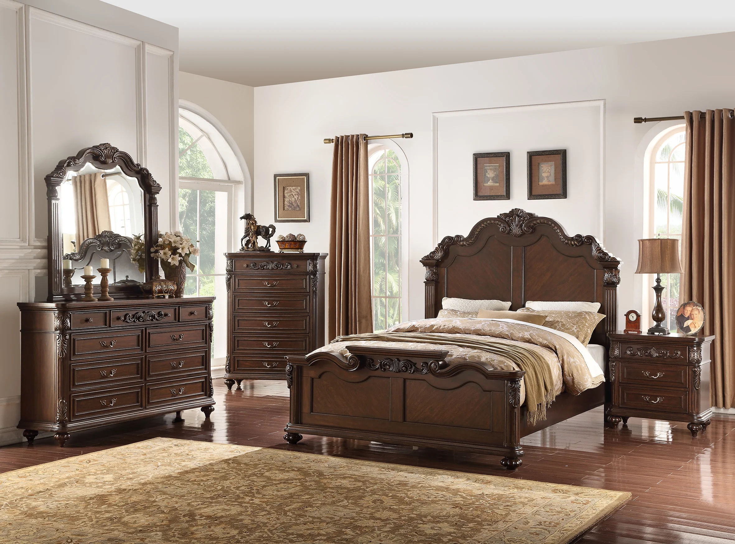Bedroom Furniture Traditional California King Size Bed Dresser Mirror Nightstand 4pcs Set Dark Brown