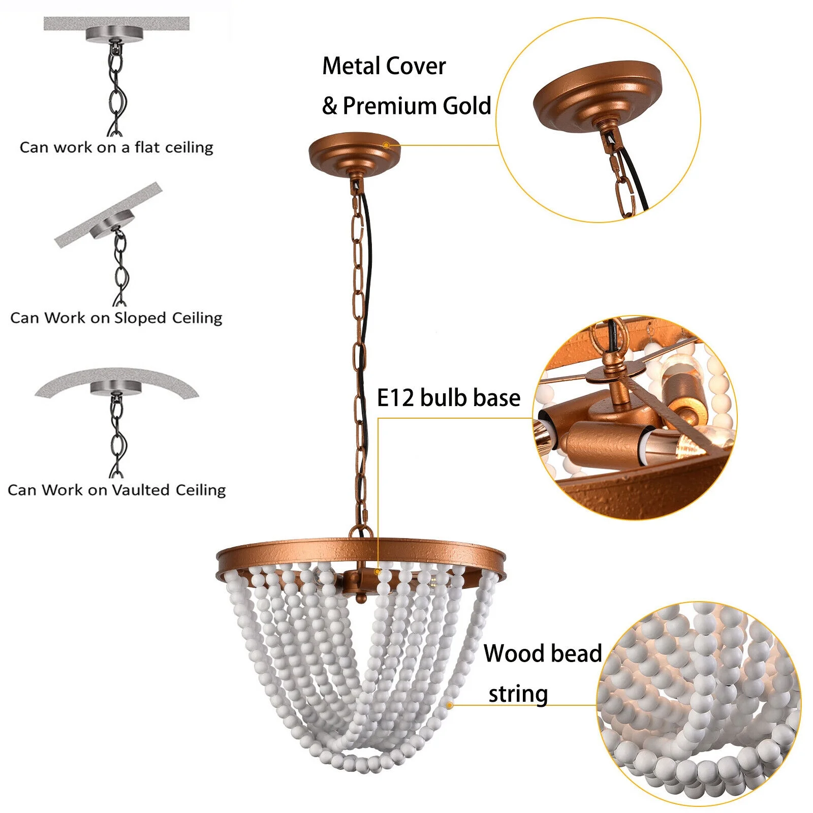 Oukaning 3-lights Boho Wood Bead Chandelier Adjustable Height Pendant Light Ceiling Lamp Bohemian-inspired 15.5