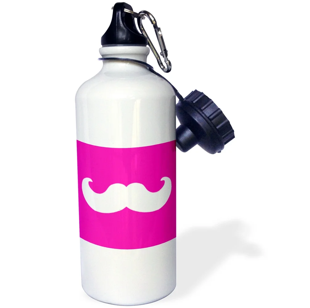 3dRose White mustache on hot pink - Ironic hipster moustache - Humorous - Fun - Whimsical - Silly - Funny, Sports Water Bottle, 21oz