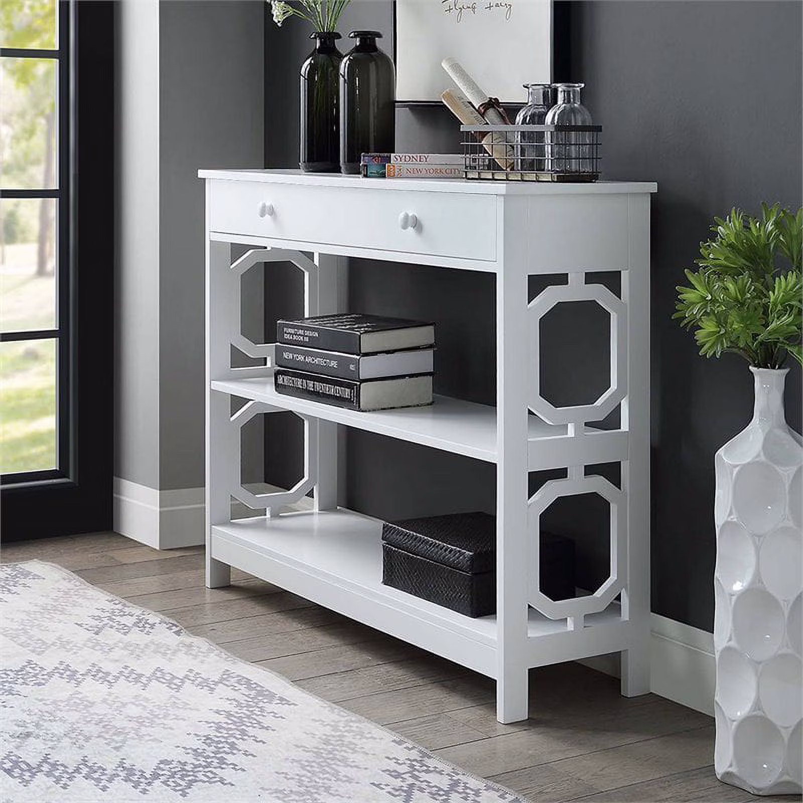 Pemberly Row Contemporary Storage Console Table in White Wood Finish