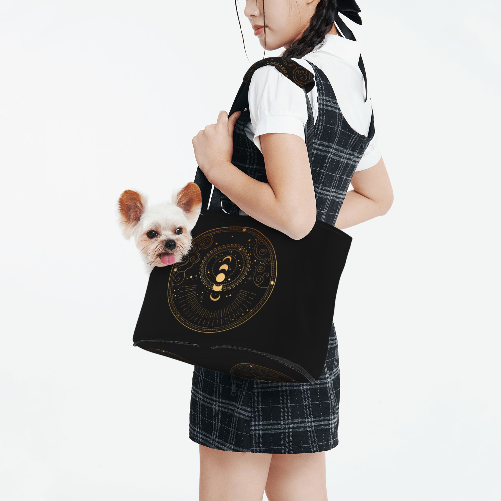 TEQUAN Foldable Dog Purse Carrier, Collapsible Boho Alchemy Moon and Stars Prints Pet Travel Tote Bag for Small Cat Puppy, Waterproof Dog Soft-Sided Carriers