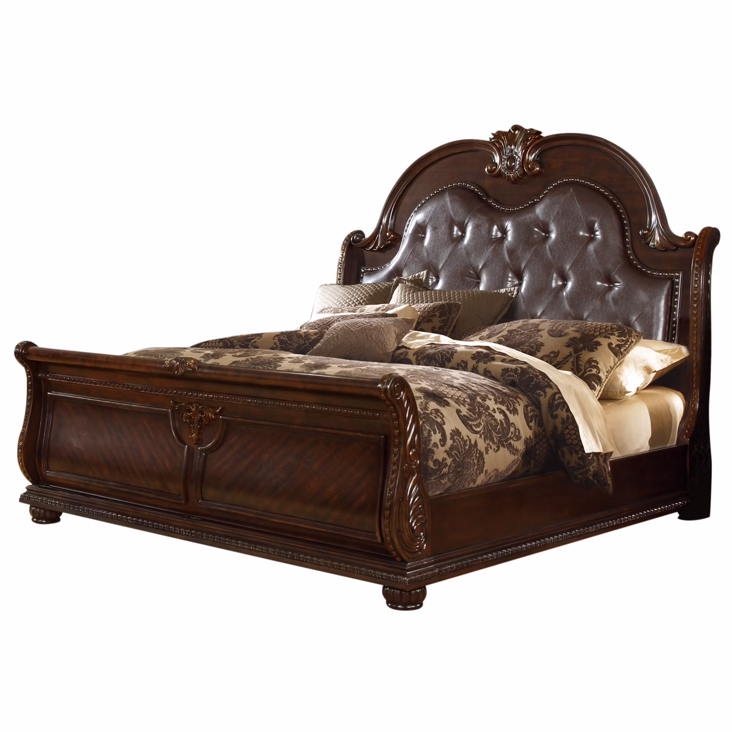 Roma Queen Size Traditional Upholstered Bed made with Wood in Dark Walnut