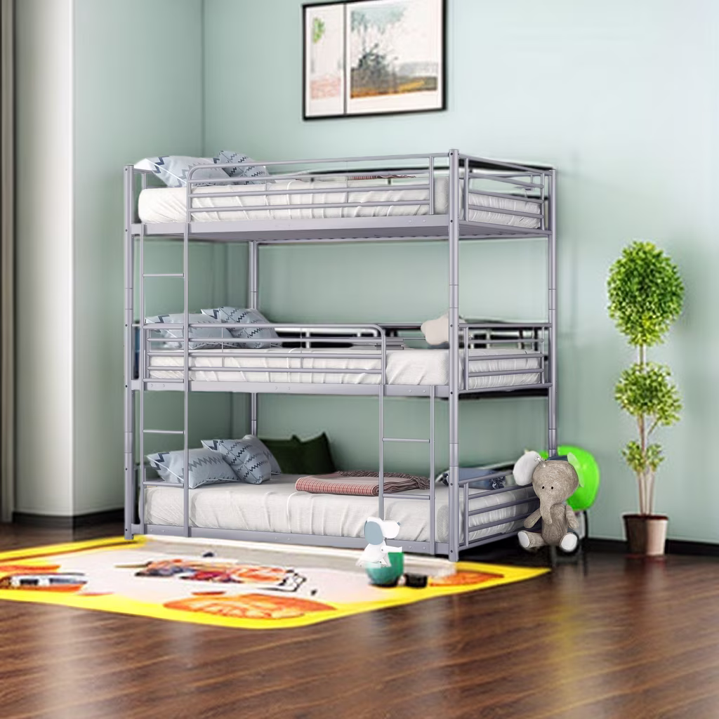 Full Size Metal Triple Bunk Bed with Built-in Ladder, Full-Over-Full-Over-Full Metal Bunk Bed Frame, Can be Divided into Three Separate Beds