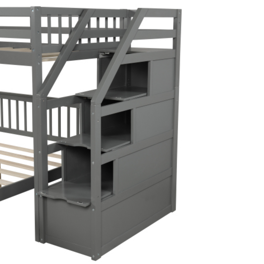 Twin over Full Loft Bed with Staircase,Gray(