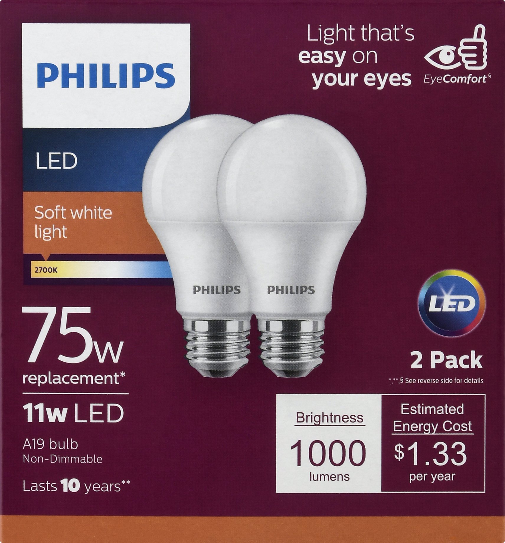 Philips 75W Equivalent Soft White A19 Medium LED Light Bulb (2-Pack) 565366