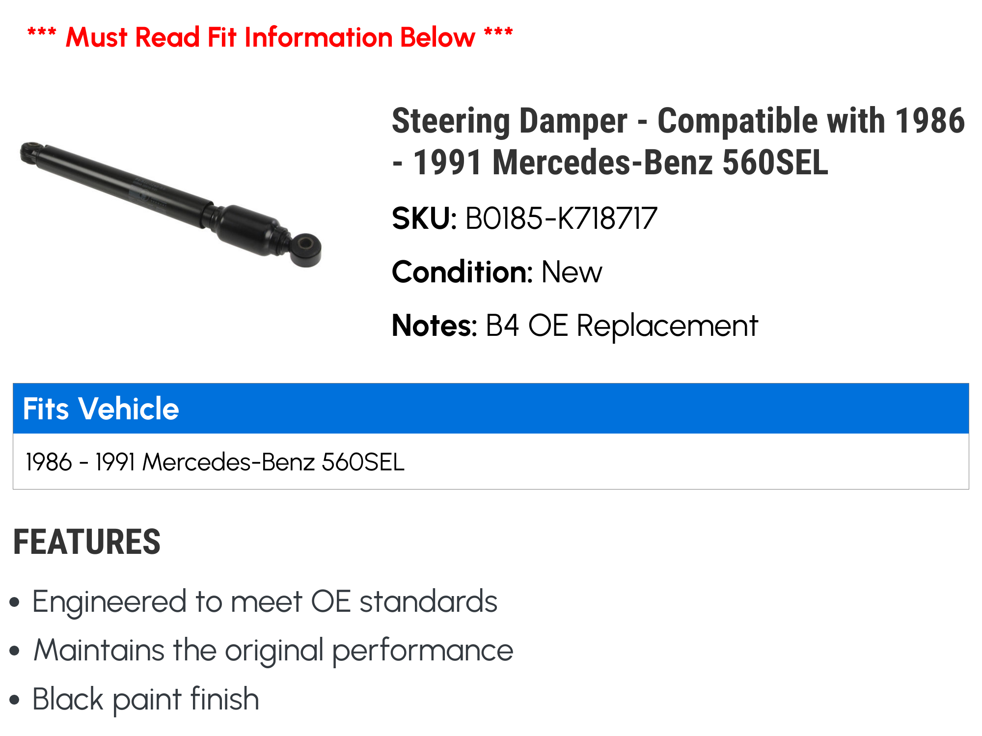 Steering Damper - Compatible with 1986 - 1991 Mercedes-Benz 560SEL 1987 1988 1989 1990