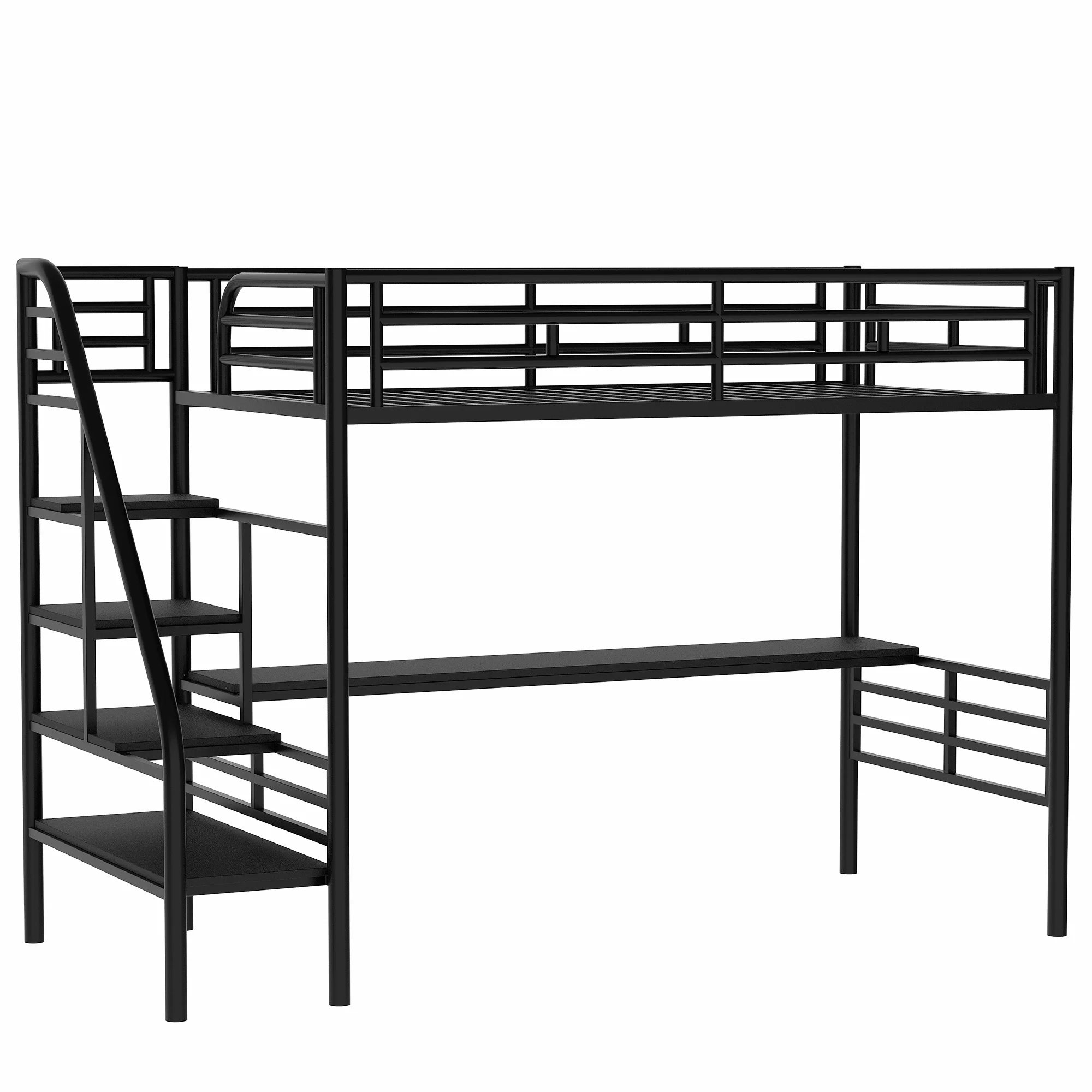 Leadzm Metal Loft Bed Frame with Desk, No Box Spring Needed,Twin ,Black