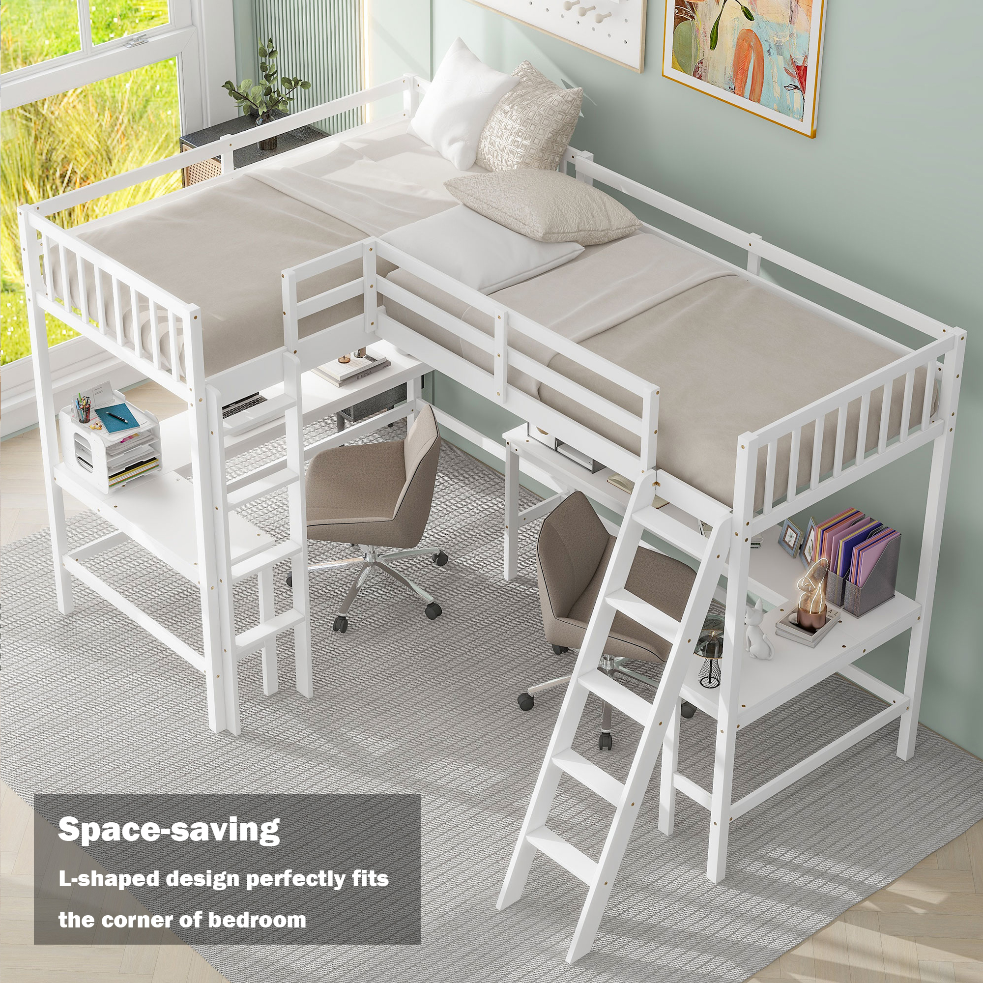 Bellemave L-Shaped Loft Bed with L-shaped Desk Twin Size Loft Bed with Desk for 2 Wood Corner Twin Beds with Ladder and Guardrails for Kids, Teens, No Box Spring Needed (White)