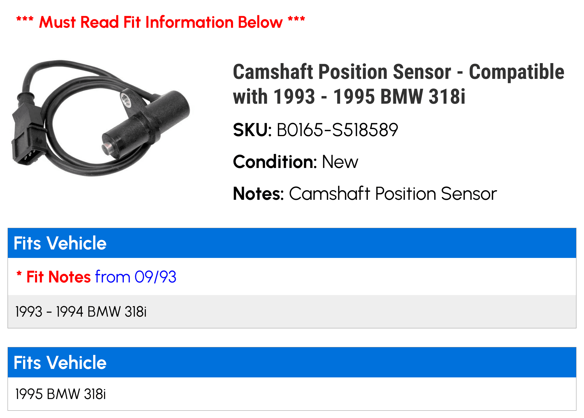 Camshaft Position Sensor - Compatible with 1993 - 1995 BMW 318i 1994