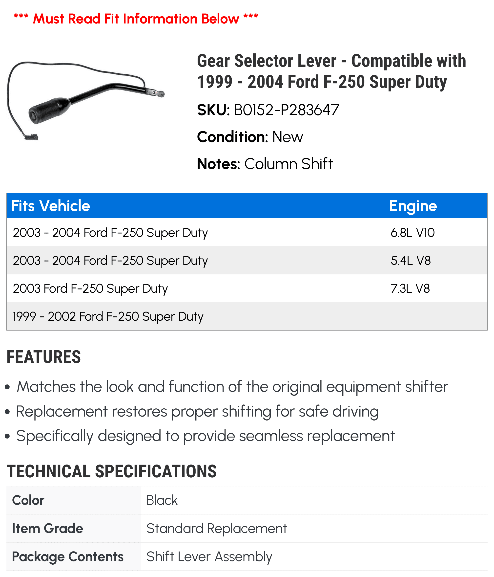 Gear Selector Lever - Compatible with 1999 - 2004 Ford F-250 Super Duty 2000 2001 2002 2003