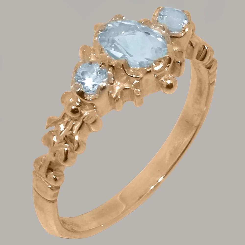 LBG British Made 9k Rose Gold Natural Aquamarine Womens Engagement Ring - 33 size options - Size 4.5