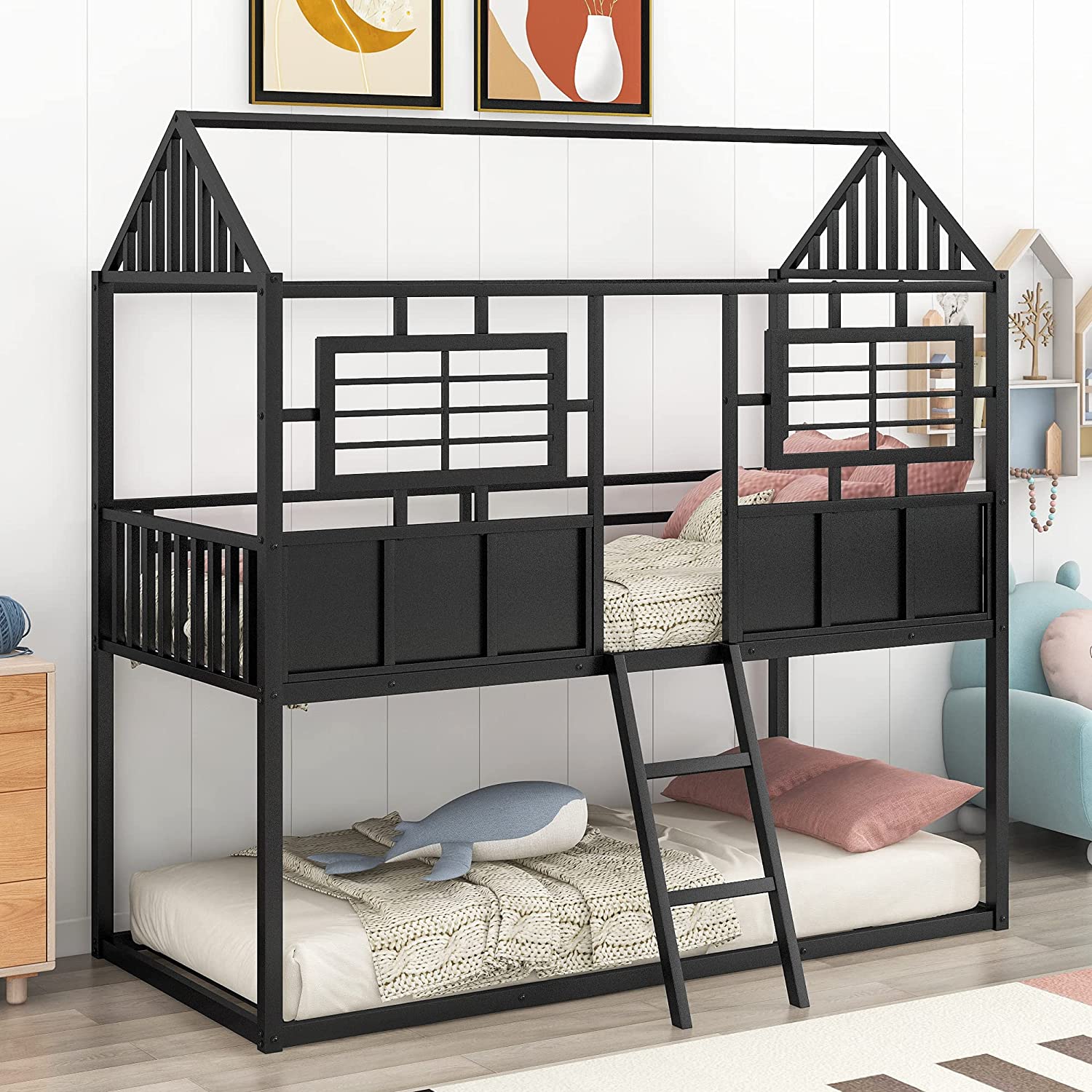 House Bunk Bed Over , Low Bunk Bed With Slide And Storage Stairs, Heavy-Duty Metal Playhouse Bunk Bed Frame For Kids Boys Girls Teens, Black