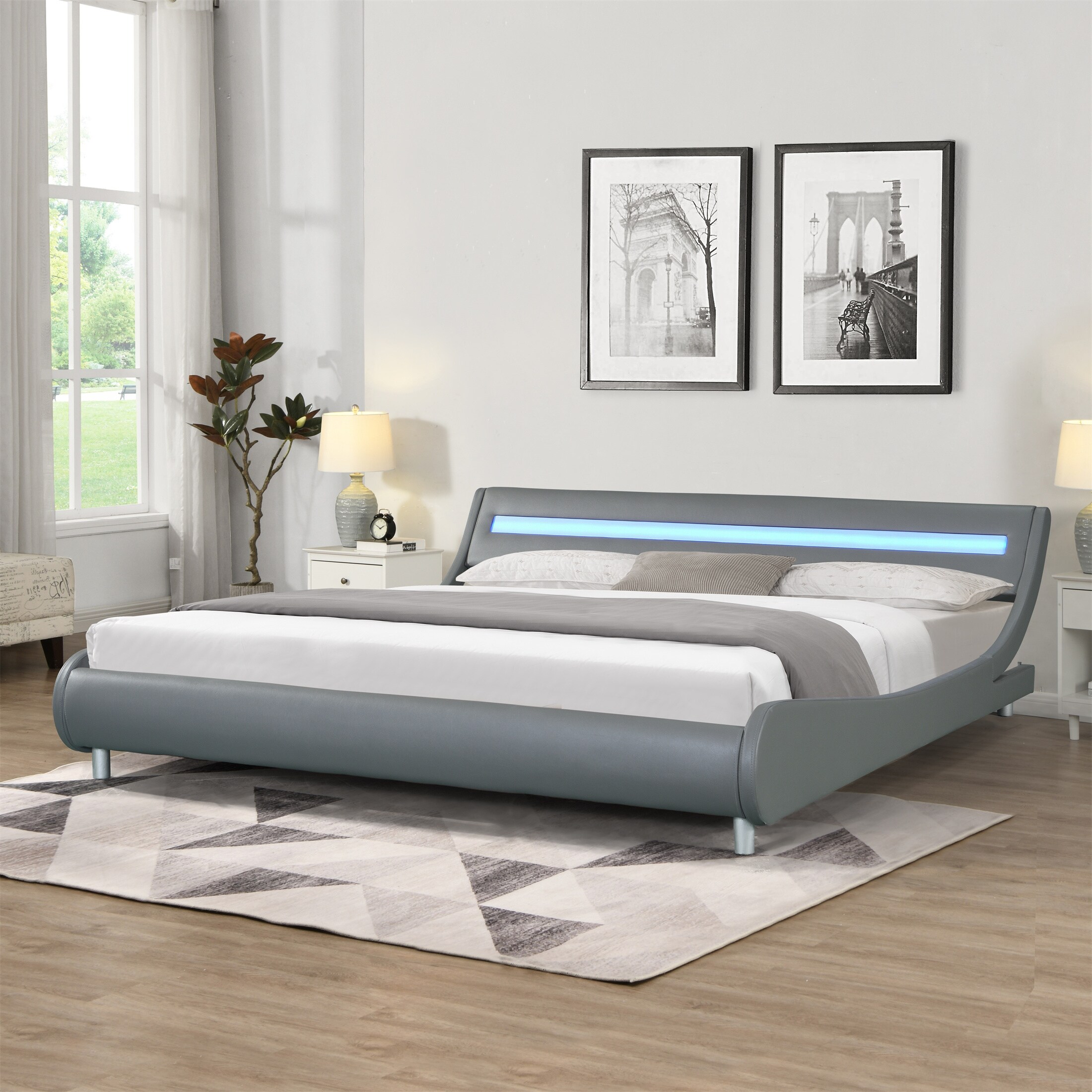 YJTONWIN Faux Leather Upholstered Bed Frame led lighting Curve King Size Gray