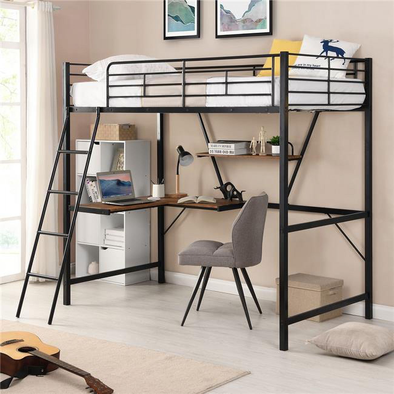 HomeRoots 404099 Black Metal Loft Bed with L Shaped Desk & Shelf