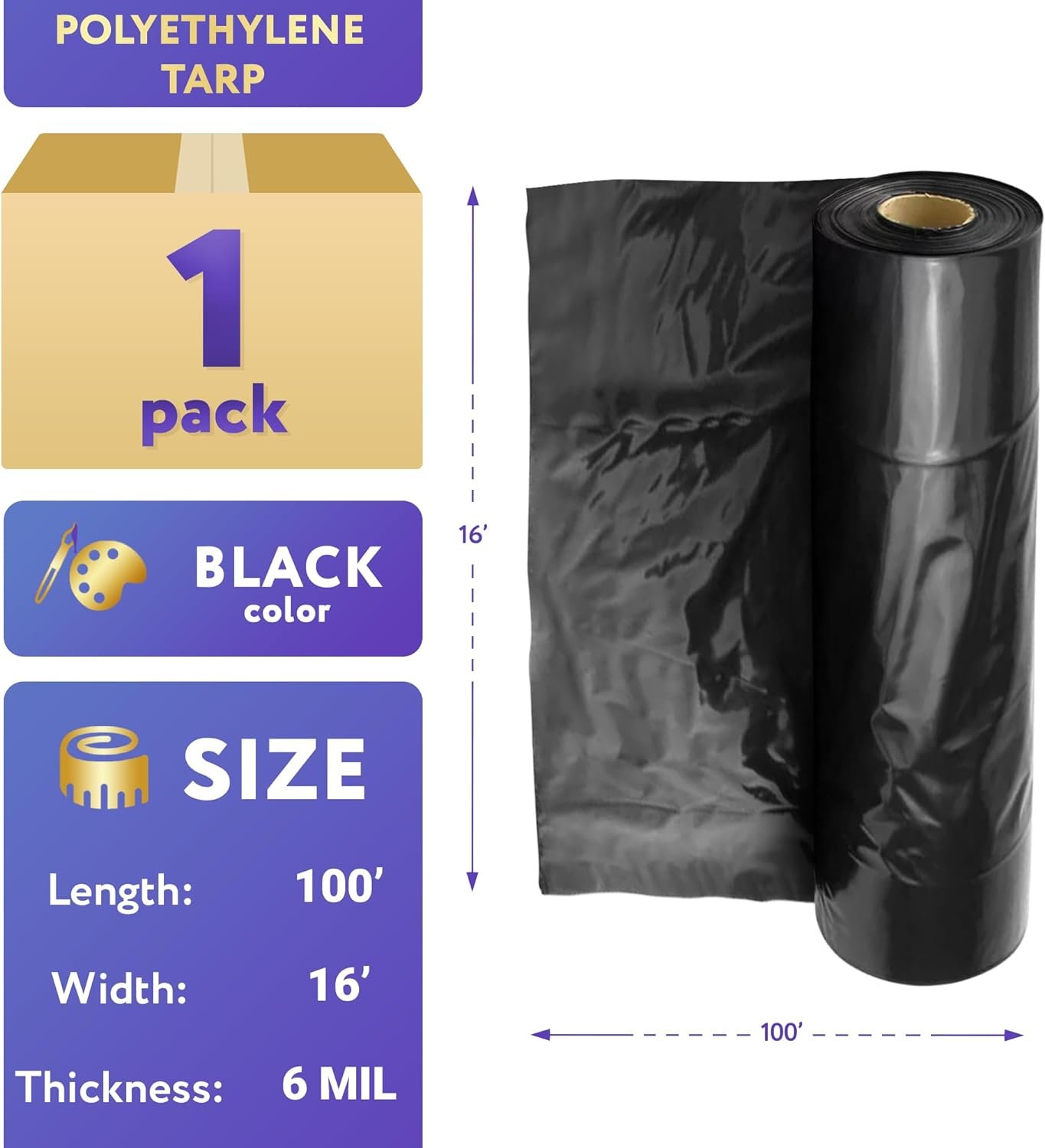 Black Polyethylene Tarp Waterproof, 28 x 100 Feet. Roll of Heavy Duty Plastic Covering. 6 Mil Thick Plastic Sheeting Roll. Weatherproof Poly Tarps Heavy Duty Waterproof for Storing, Transporting