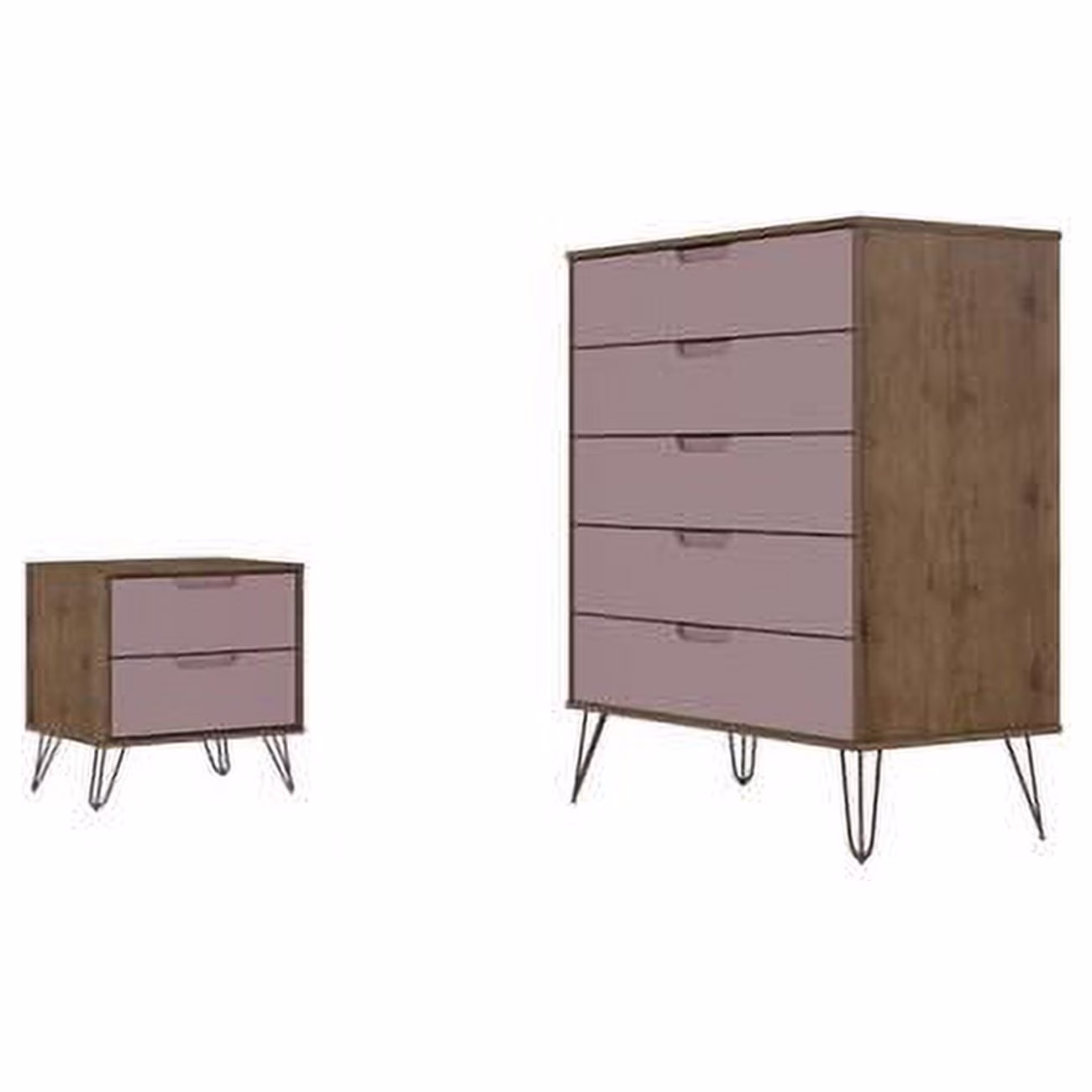 Rockefeller Nature & Rose Pink 5-Drawer Dresser & 2-Drawer Nightstand Set, 44.57 x 55.5 x 21.57 in.