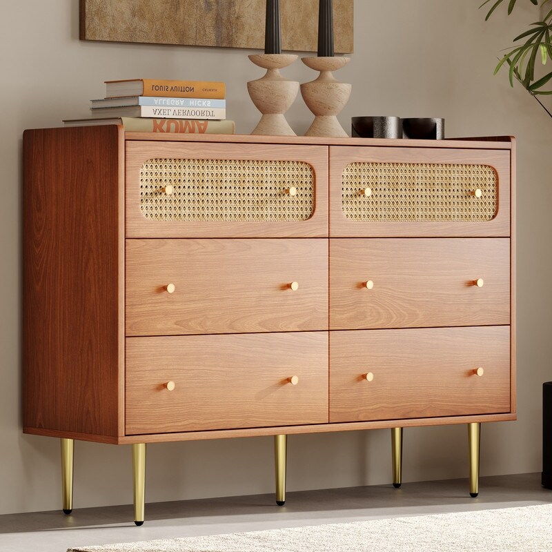 Grondin Mid-Century Modern Boho Style 6 Drawers Double Dresser, Dual Chest of Drawers with 2 Rattan Drawer Fronts Cherry