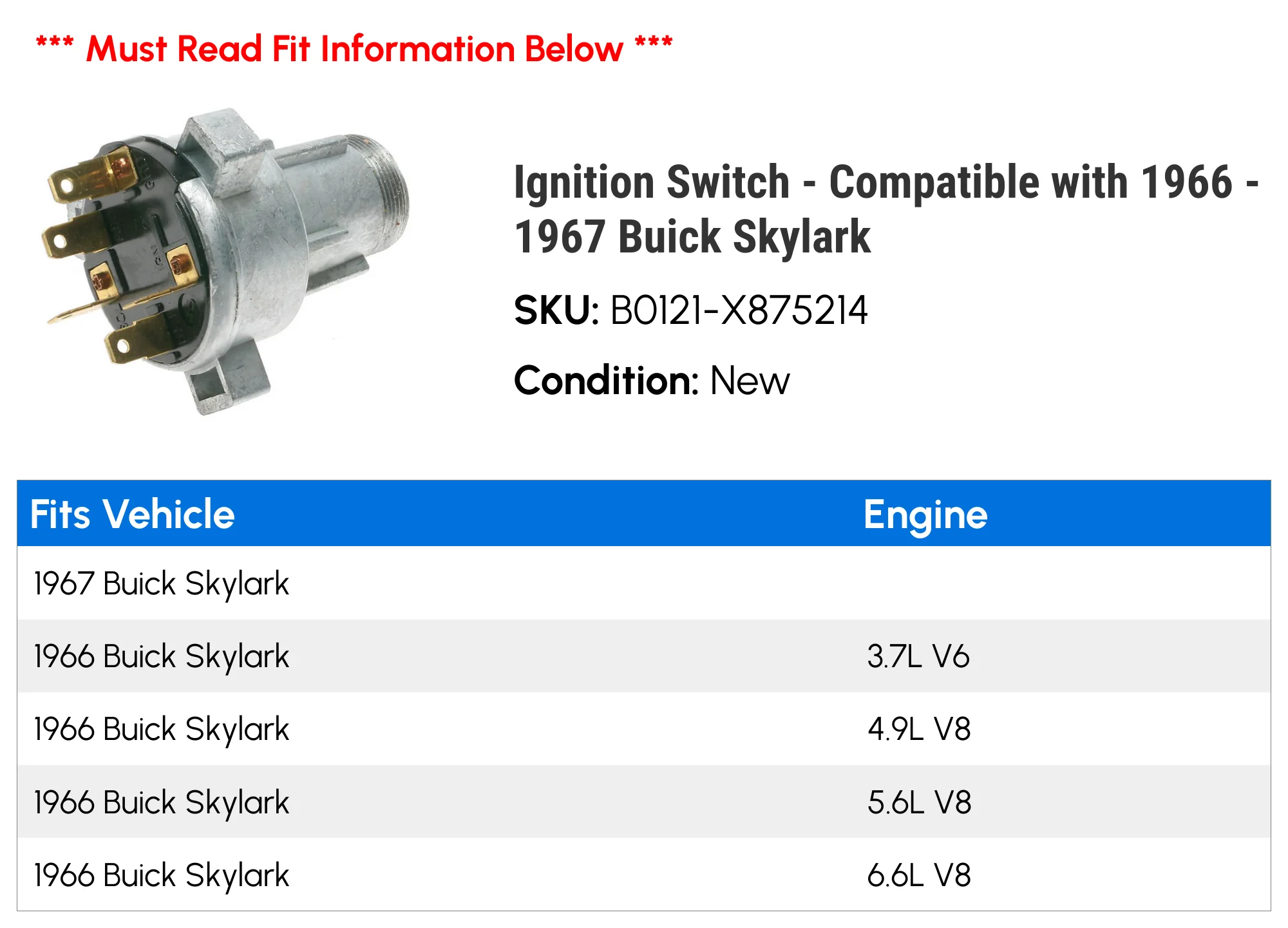 Ignition Switch - Compatible with 1966 - 1967 Buick Skylark