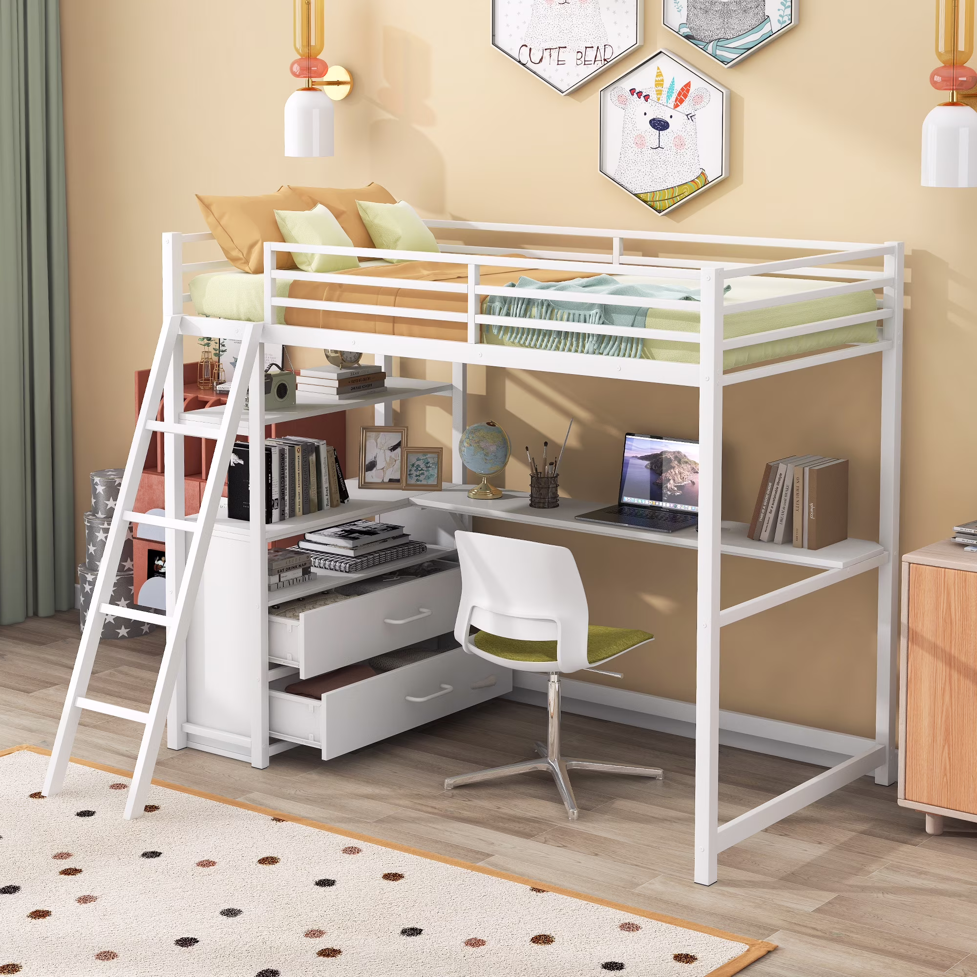Churanty Metal Twin Size Loft Bed with Built-in Desk and Drawers for Kids Teens, Twin Loft Bed Frame with Storage Shelves for Bedroom Dorm, White