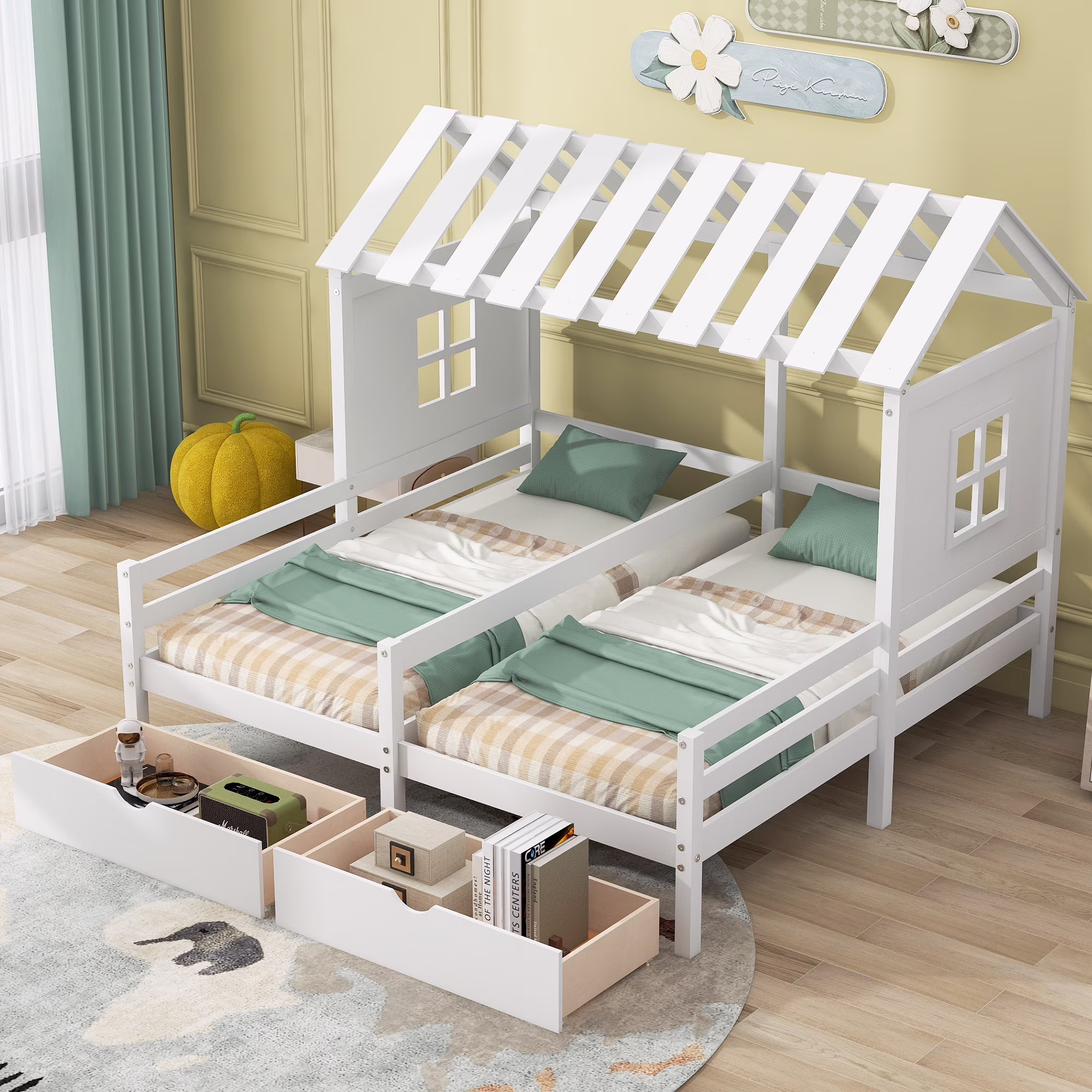 CoSoTower Twin Size House Platform Beds with Two Drawers for Boy and Girl Shared Beds, Combination of 2 Side By Side Twin Size Beds, White