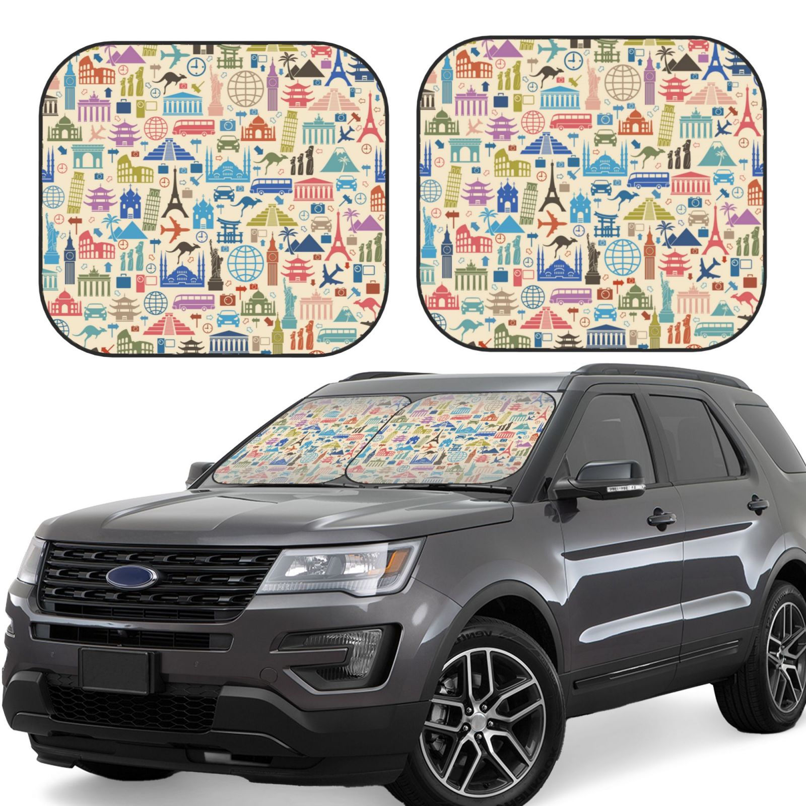 Lukts Famous Places Print 2 Piece Car Sun Shade Windshield,Foldable Car Shade Front Windshield With Keeps Your Vehicle Cool, For Most Sedans Suv And Trucks - Small