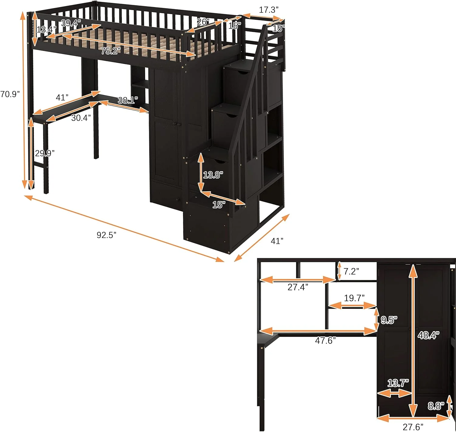 Size Loft Bed With Storage Wardrobe, Wood Loft Bed With Desk, Stairs And Shelves, High Loft Bed Frame With Steps For Kids Teens Adults, Espresso