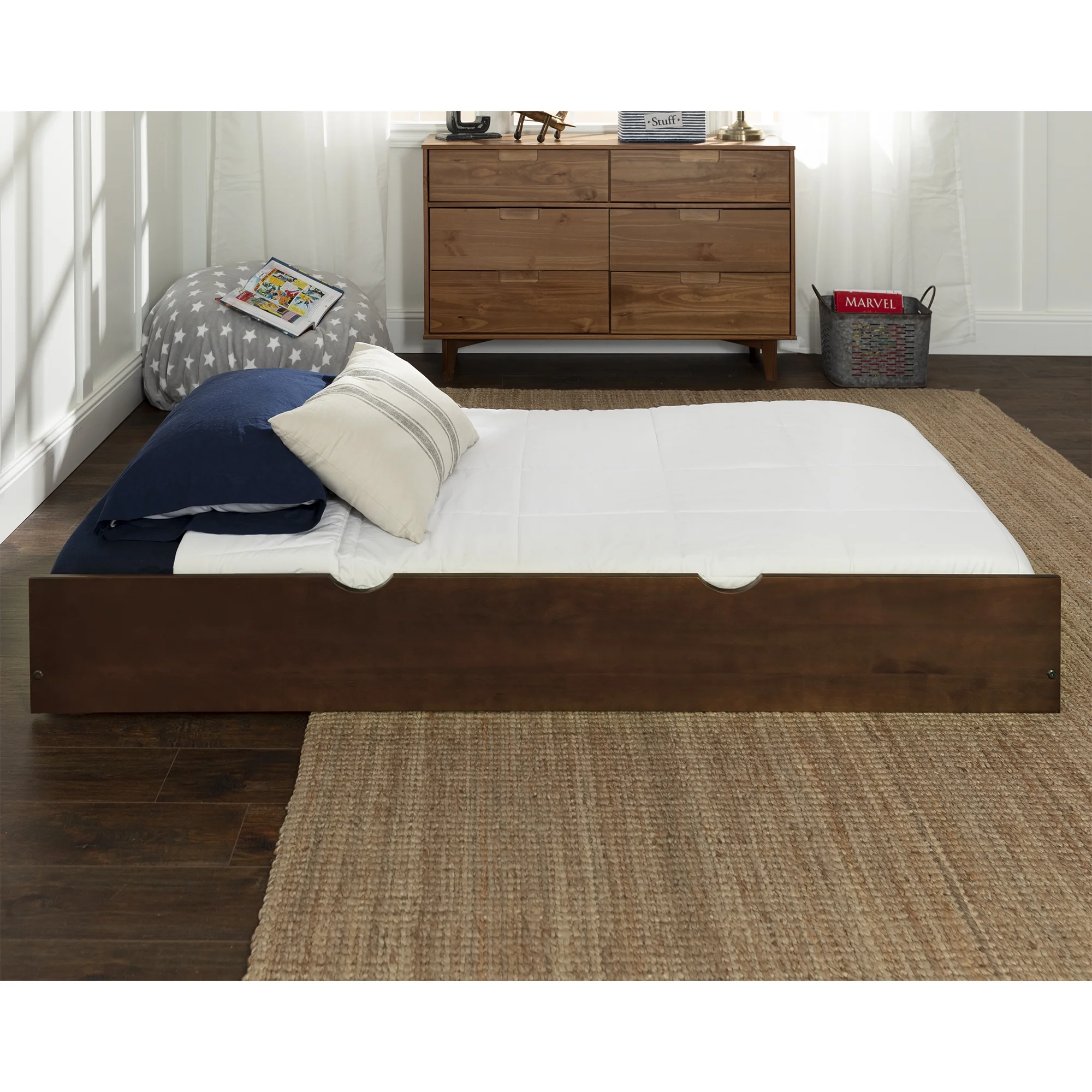 Desert Fields Baneberry Simple Solid Wood Trundle Bed, Walnut