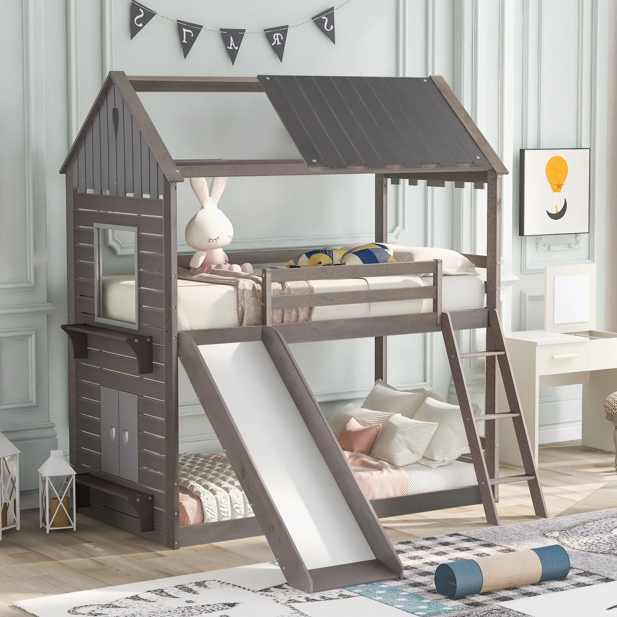 CoSoTower Twin Over Twin Bunk Bed Wood Bed With Roof, Window, Slide, Ladder, Antique Gray