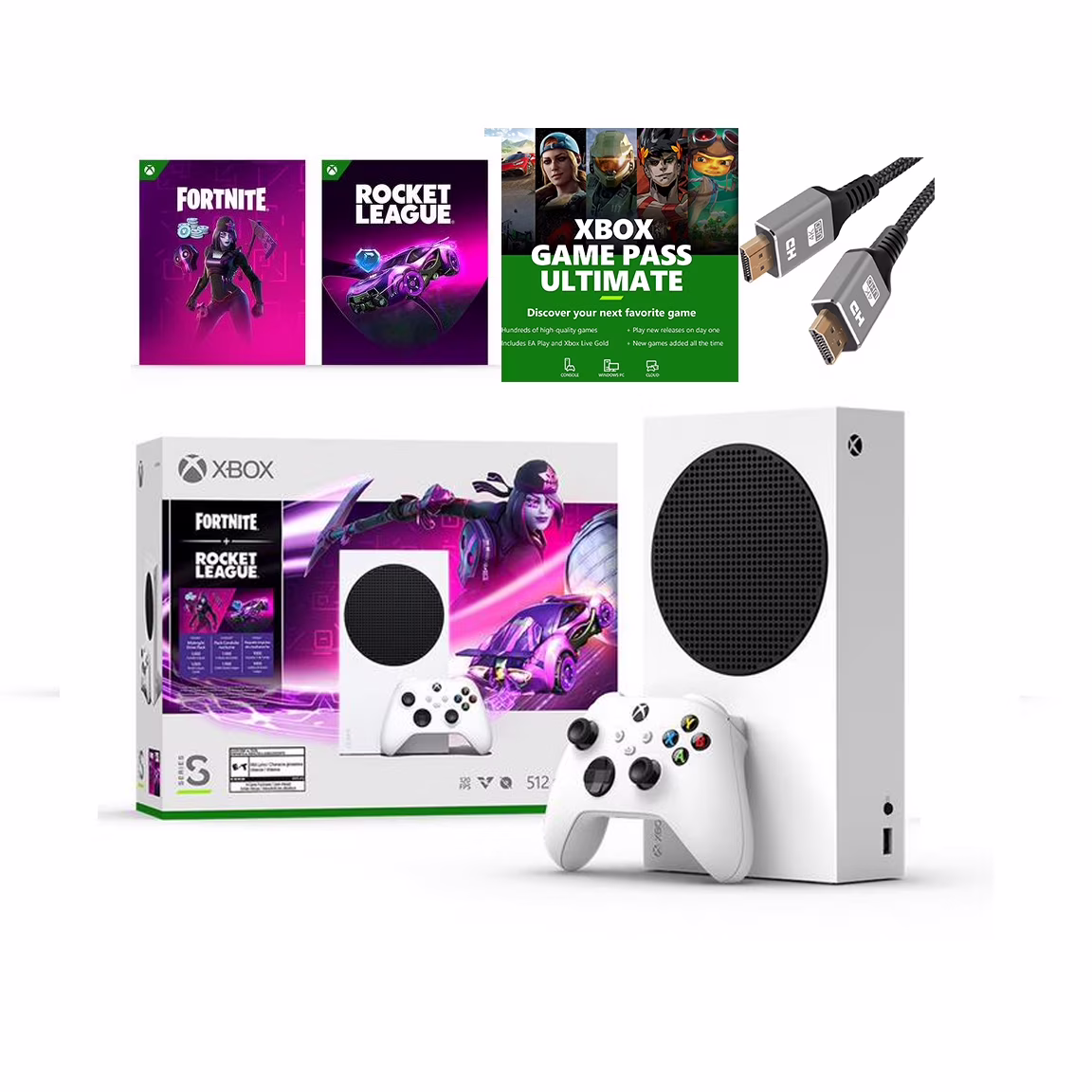 Microsoft Xbox Series S 512GB SSD– Fortnite & Rocket League Bundle with Xbox Game Pass Ultimate: 1 Month and MTC7 High Speed HDMI Cable
