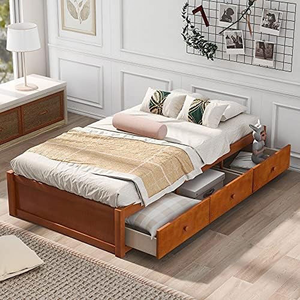 Size Bed With 3 Storage Drawers, Solid Wooden Platform Bed With Support Slats, Bed Frame For Kids Teens, No Box Spring Needed (, Oak)
