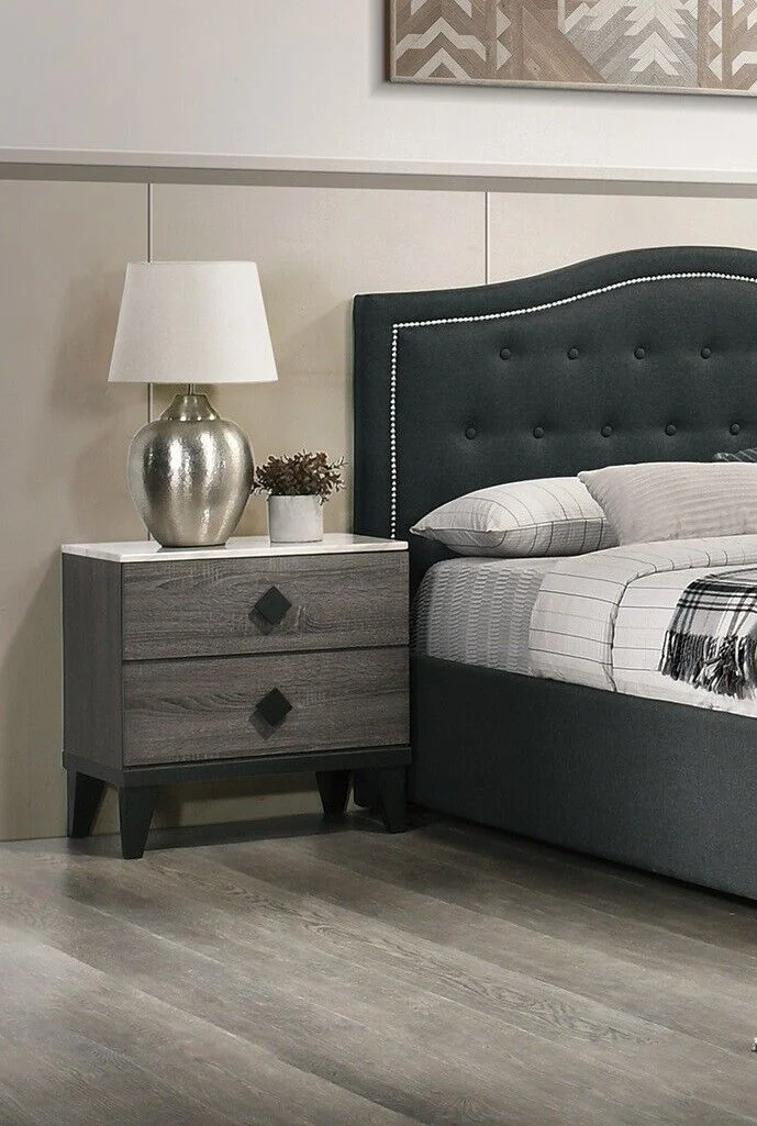 Transitional Charcoal Queen Size Bed Dresser Mirror Nightstand 4pc Bedroom Set Tufted Burlap Fabric Storage Bed