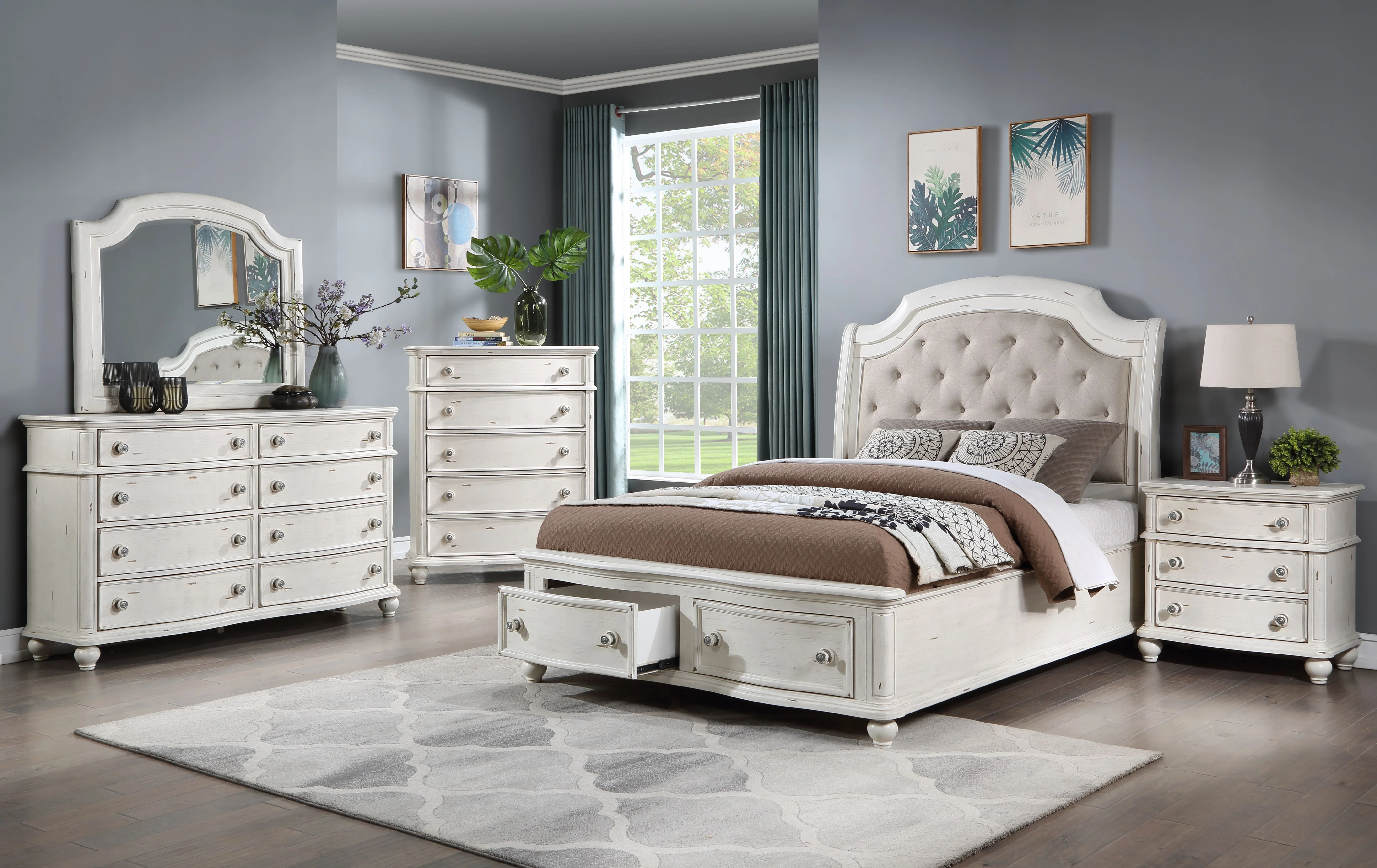 Acme Furniture Jaqueline Eastern King Bed in Light Gray Linen & Antique White Finish