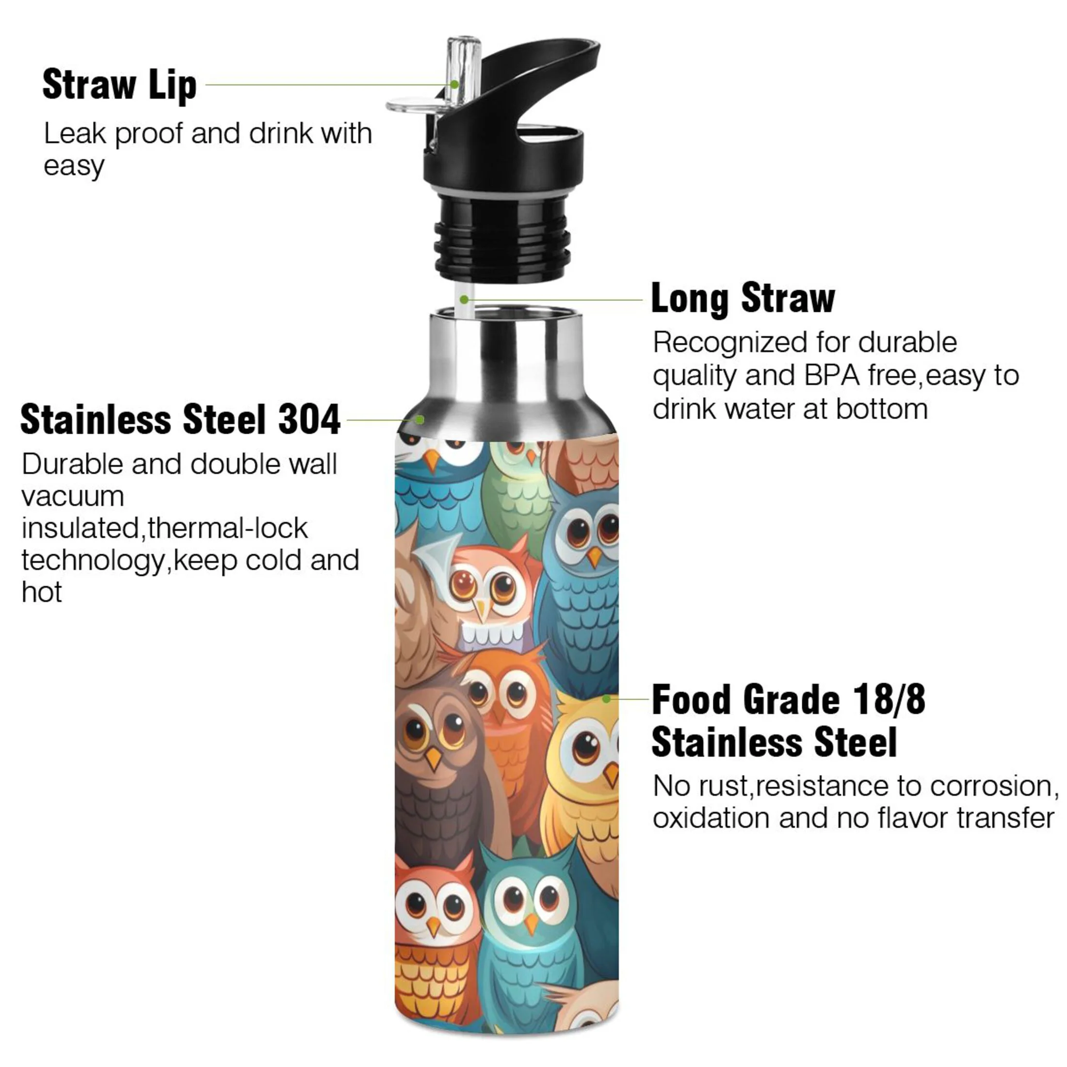 Owl Cute Water Bottles Insulated Thermos Kids Stainless Steel Bottle with Straw Lid Flask Leakproof for Sports Gym 20 oz