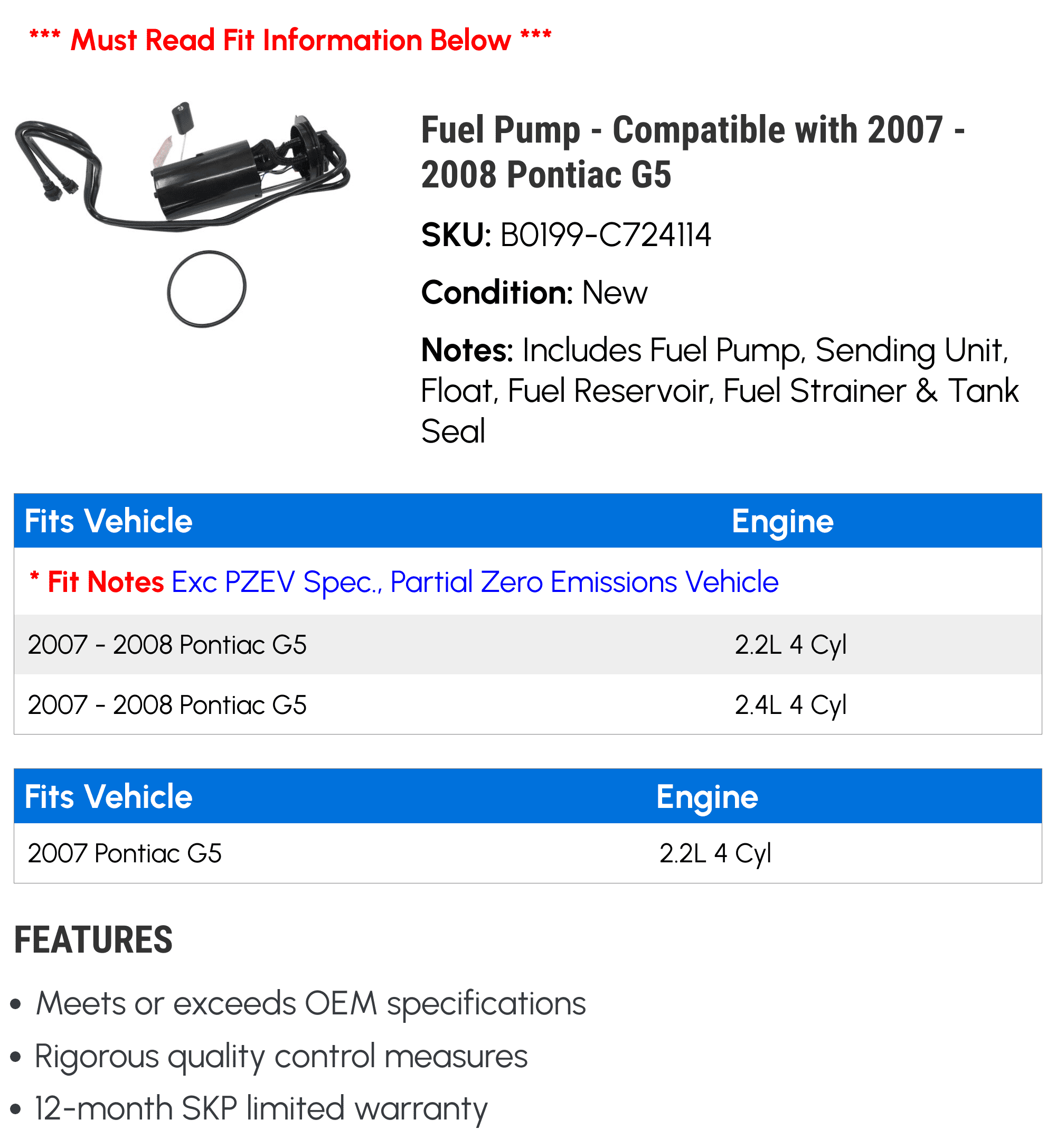 Fuel Pump - Compatible with 2007 - 2008 Pontiac G5