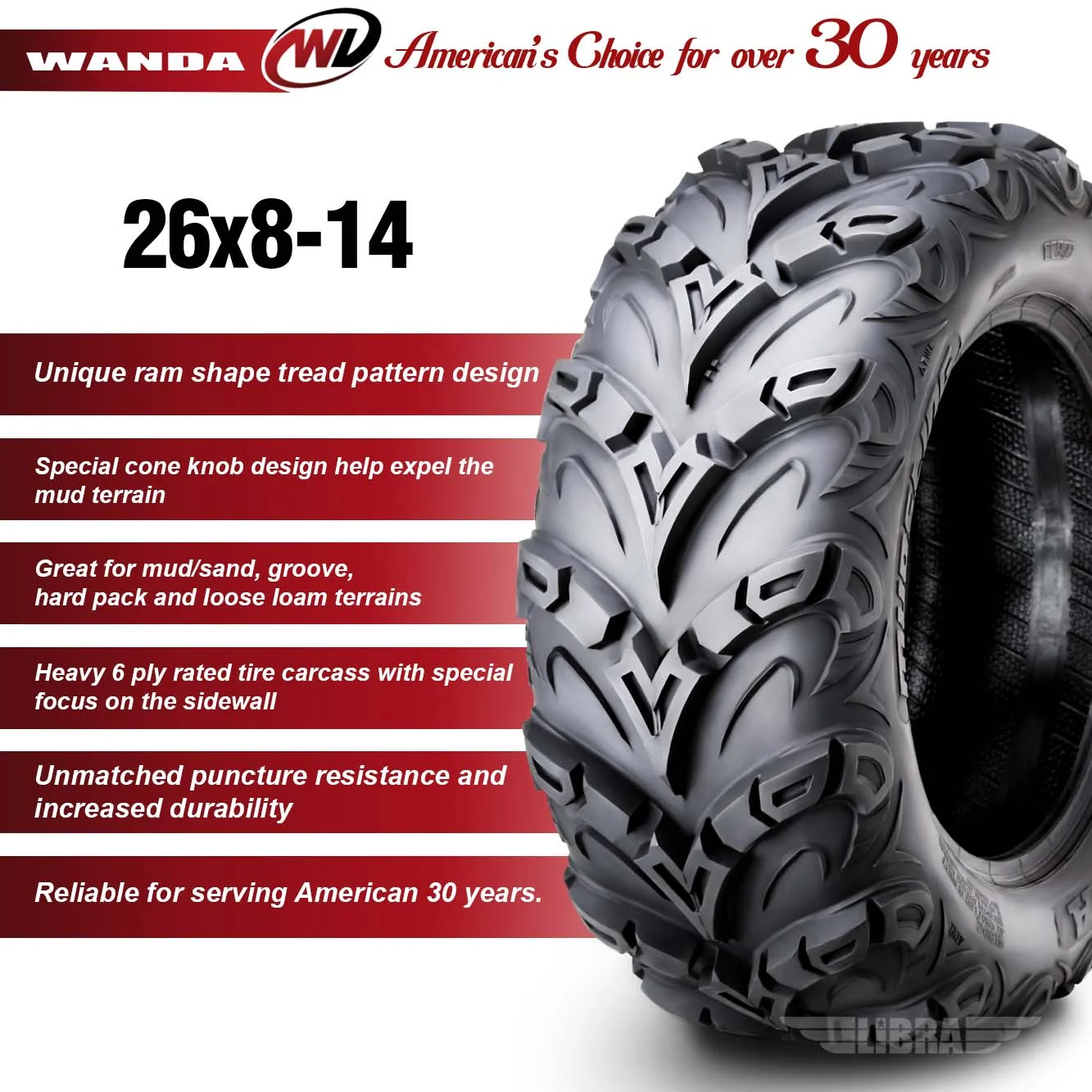 Set 4 WANDA ATV UTV Tires 26x8-14 26x8x14 6PR Mud Sling