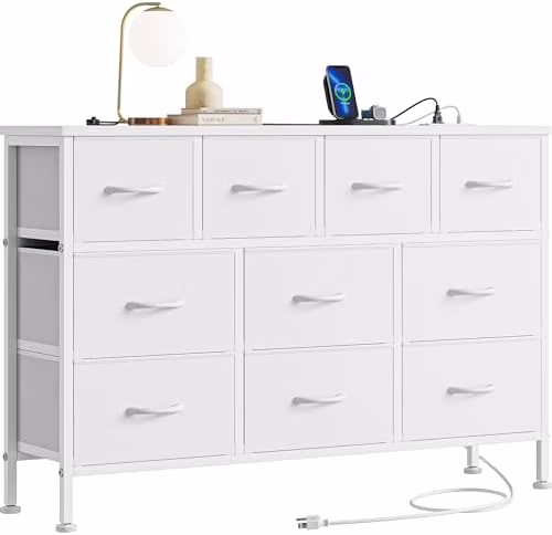 xrboomlife Dresser TV Stand with Power Outlet  43" Long Dresser for Bedroom with 10 Fabric Drawers  Chest of Drawers for Living Room  Hallway  Nursery (White)