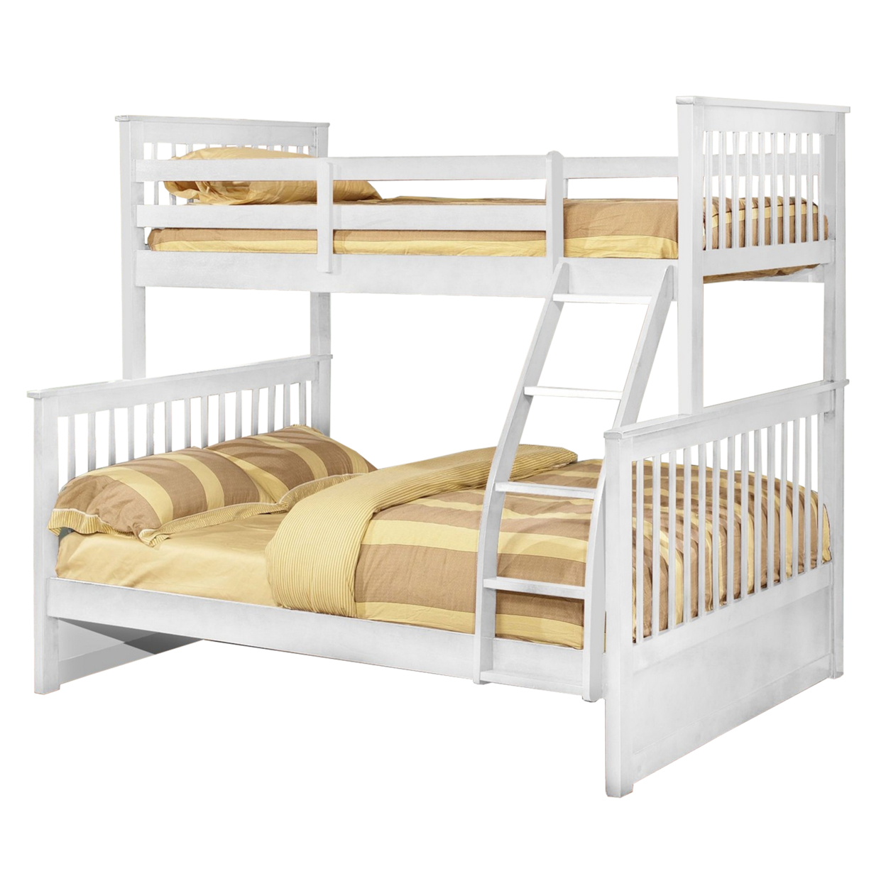 Mission Style Wooden Twin Over Full Bunk Bed with Slatted Headboard, White- Saltoro Sherpi