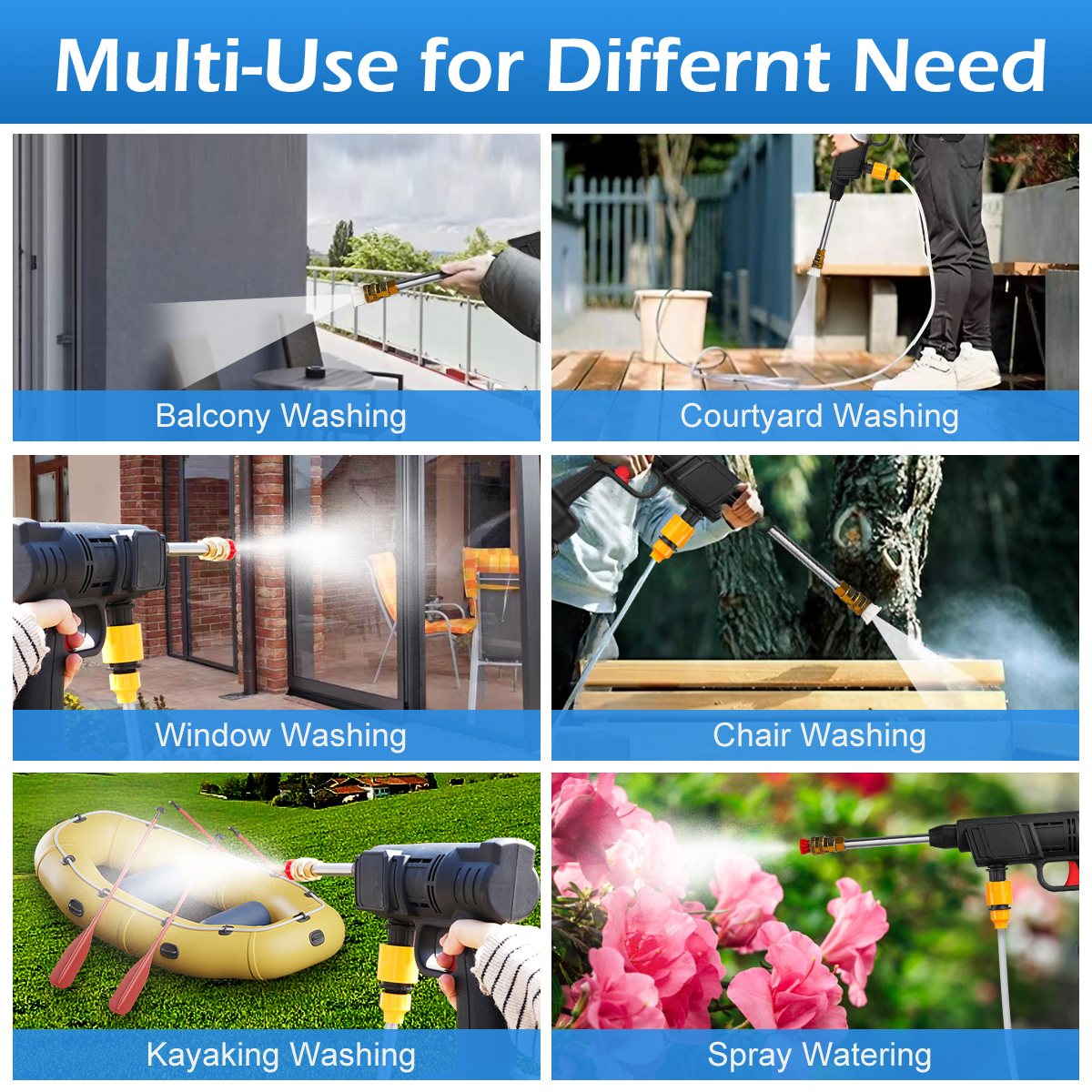 HDJ 9000 mAh 24V Cordless Pressure Washer Car Washer Machine With 1 Battery,1 Charge,16.4 FT Water Pipe and 2 Connect Nozzles,800 PSI