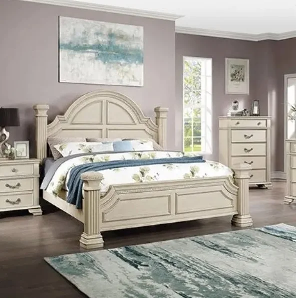 Formal Traditional Style 3pc Bedroom Set Solid Wood Antique White Eastern King Size Bed 2x Nightstand Furniture