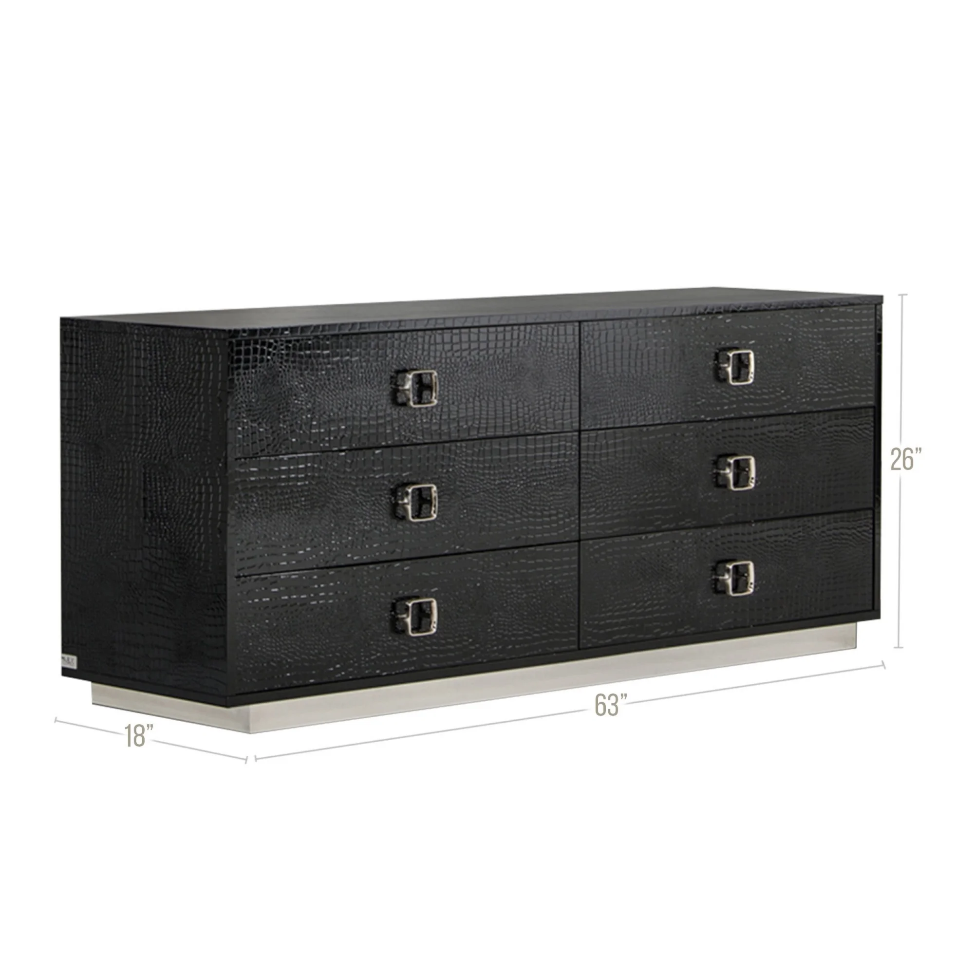 Benjara Hart 63 Inch Dresser, 6 Drawers, Crocodile Skin Texture, Lacquer, Black