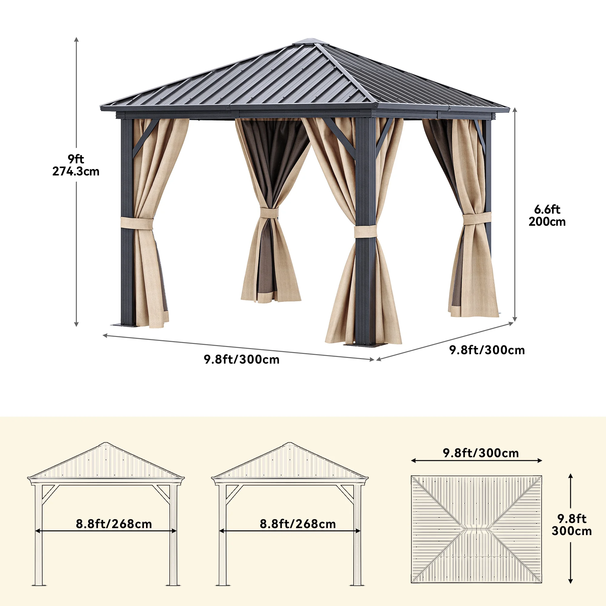 Dextrus 10x10ft Hardtop Gazebo with Netting& Curtains, Galvanized Steel, Easy Setup Outdoor Pop Up Canopy Tent for Patio, Backyard, Deck, and Lawns - Brown