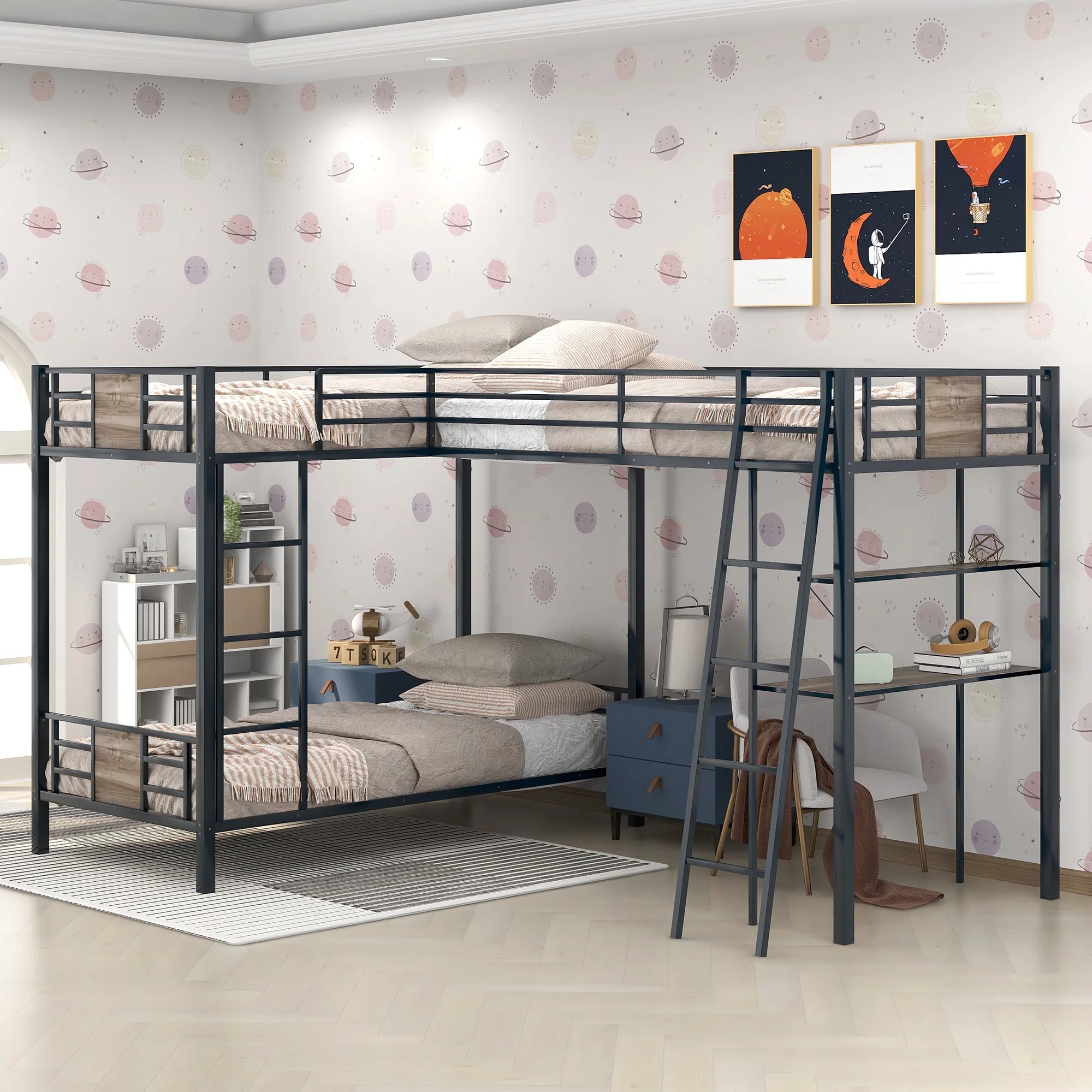 Twin over Twin Metal MDF L-Shaped Bunk Bed with a Loft Attached, Triple Bedframe with Desk, Shelf, Guardrails, and Ladders