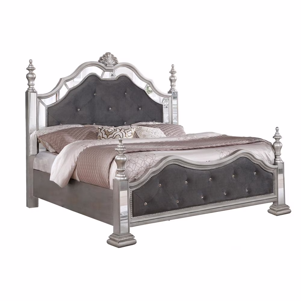 Elegant Metallic Gray Velvet Panel Bed with Mirror Details in Eastern King