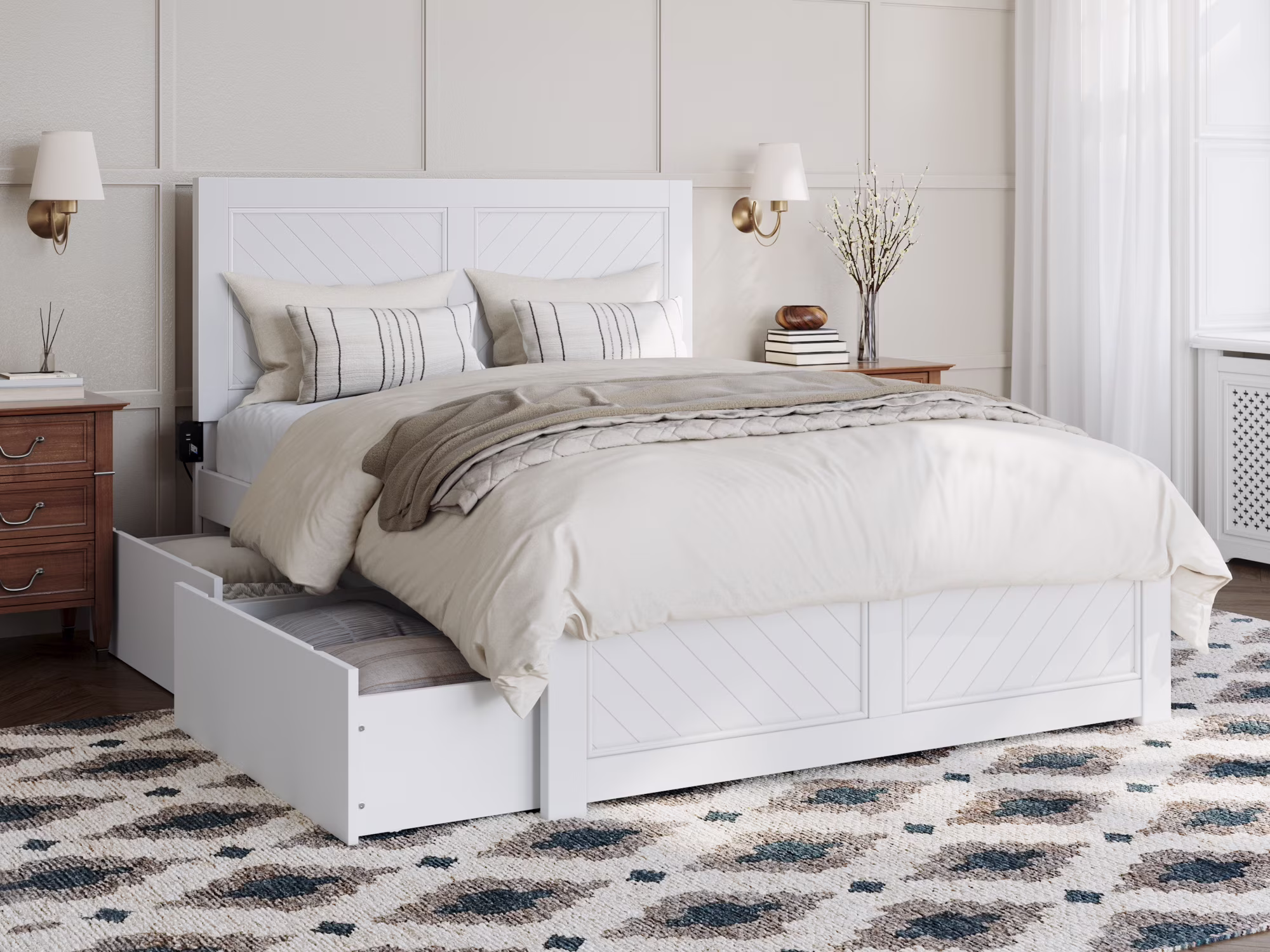 AFI Canyon White Solid Wood Platform Bed with Matching Footboard & Storage Drawers, Full