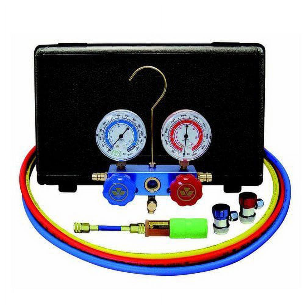 Automotive R134a 2-Way Manifold Gauge Set with Mini Dye Injector and Manual Couplers