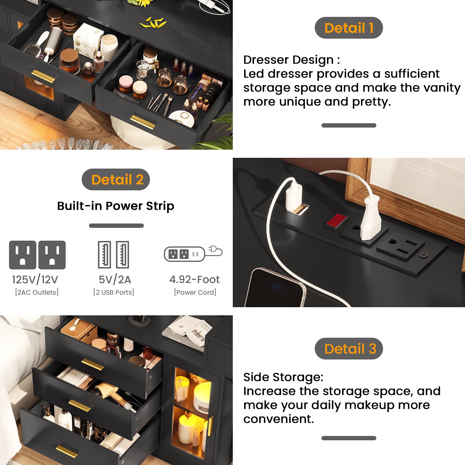 Vanity Table with Charging Station, Makeup Dressing Desk with 3 Drawers LED Dresser, Black