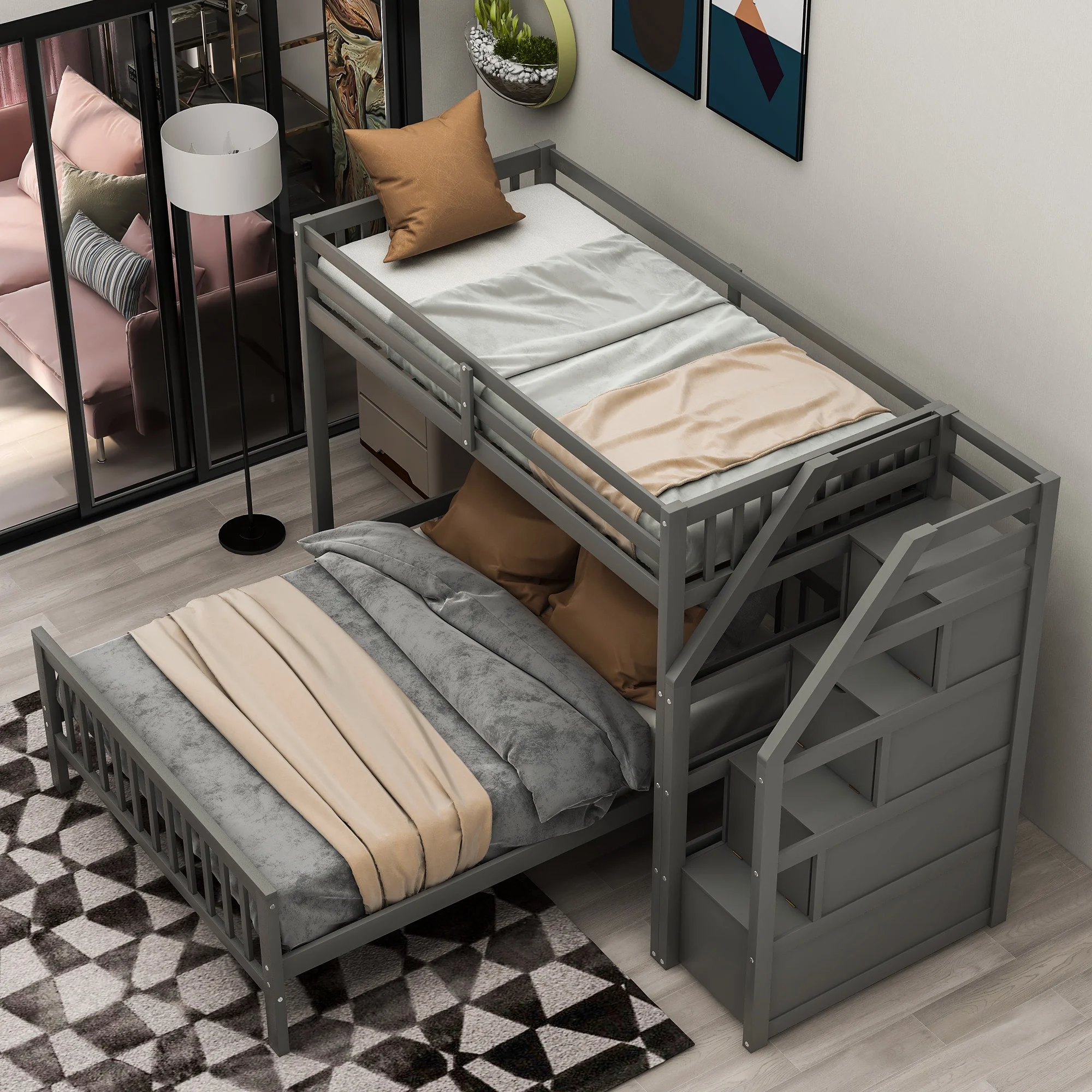 Livspace Twin over Full Loft Bed with Staircase,Gray