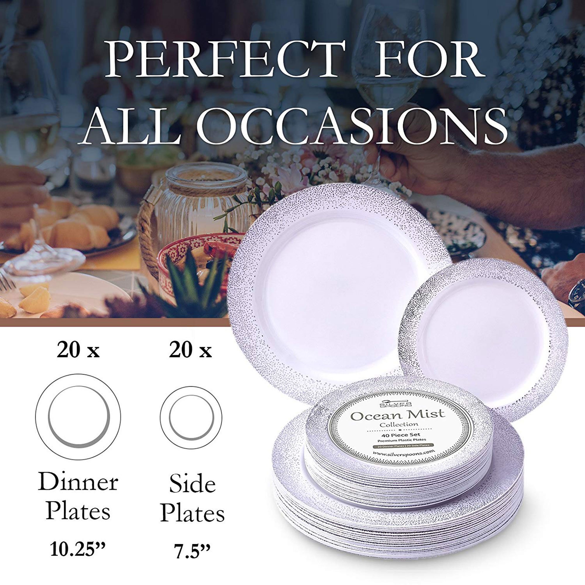 Premium China Look Disposable Plate Set | 120 Dinner Plates and 120 Salad Plates | Ocean Mist Collection (Silver)